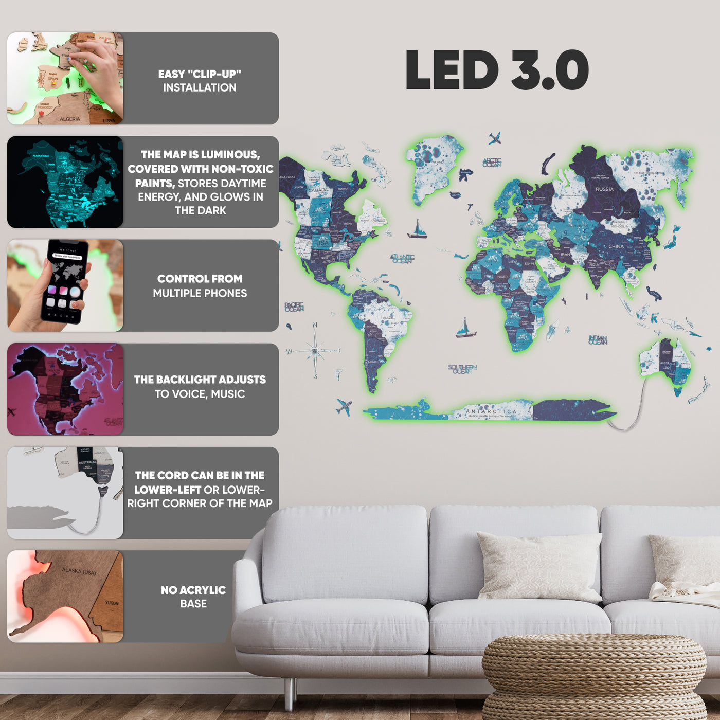 3D LED / LUMINOUS Wooden World Map Ocean ‣ Order Now