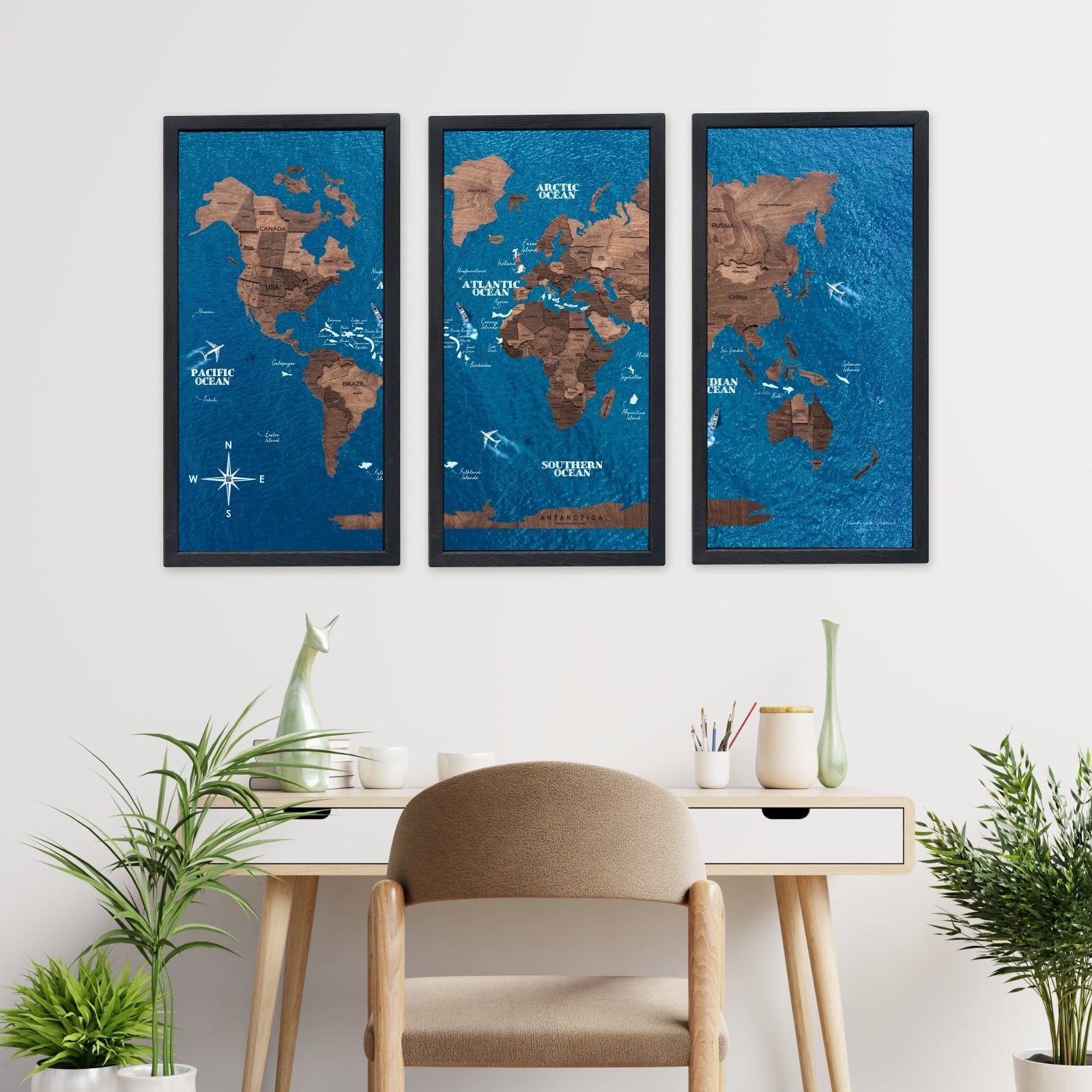 Triptych Wall Art - Wooden World Map (Dark Walnut) | Enjoy The Wood