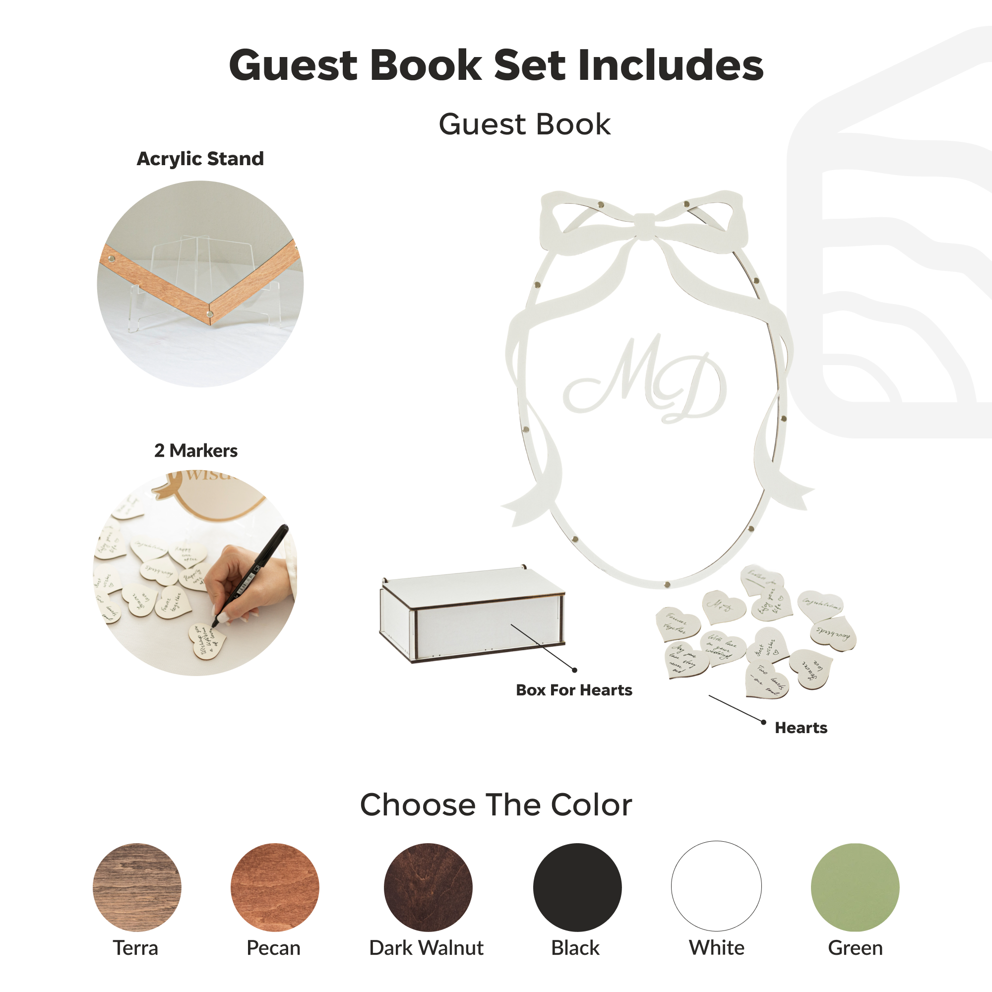 Guest book set with acrylic stand, markers, box for hearts, and heart shapes on a white background.
