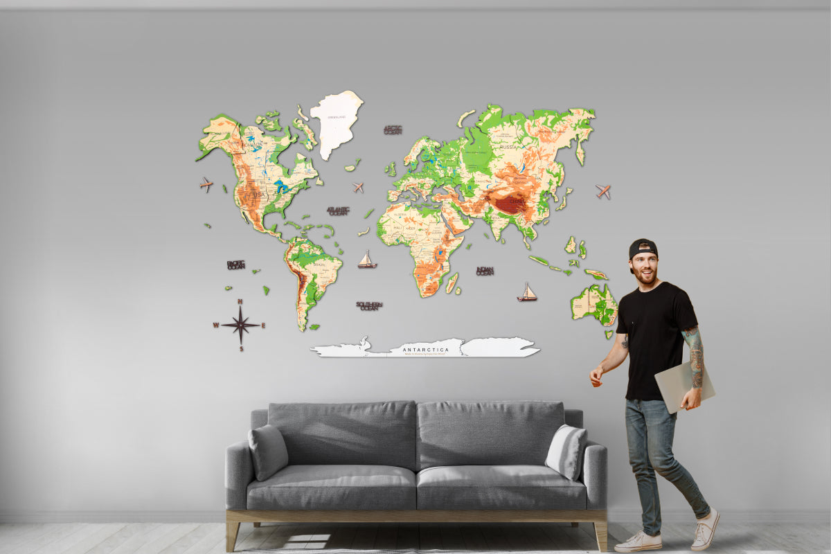 3D Wood World Map ナチュラルウッドカラー 壁掛け木製世界地図