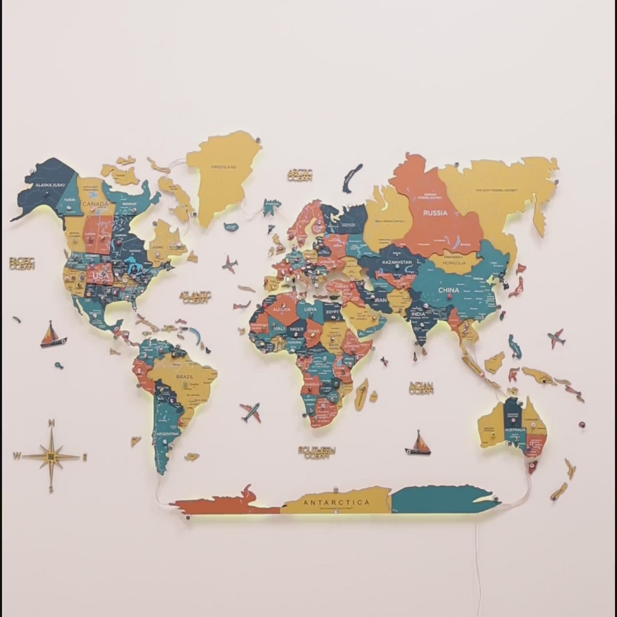 3D LED / LUMINOUS Wooden World Map Indie ‣ Order Now