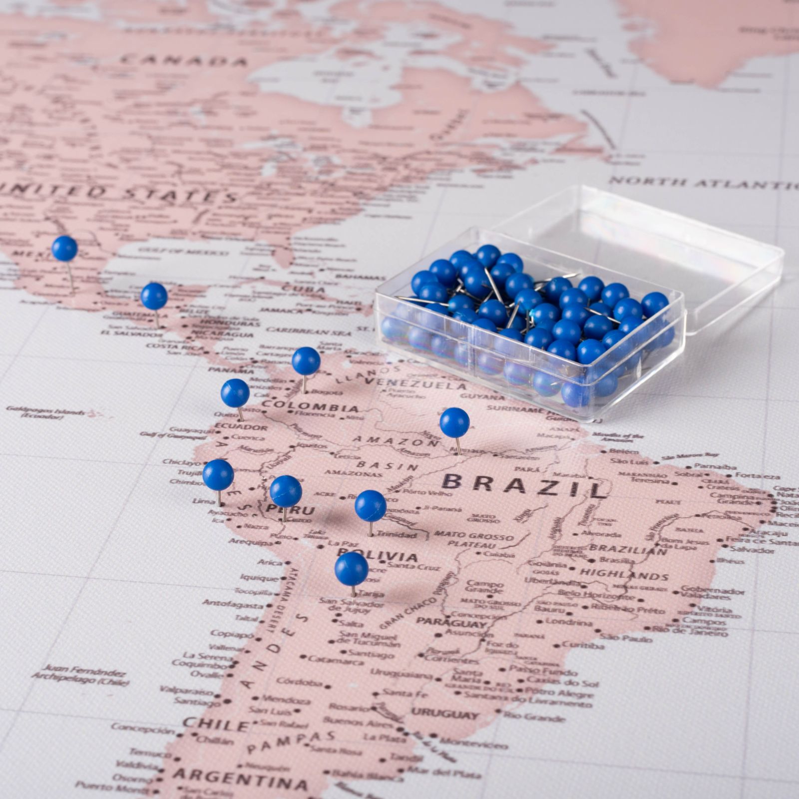 Blue Push Pins to mark travels