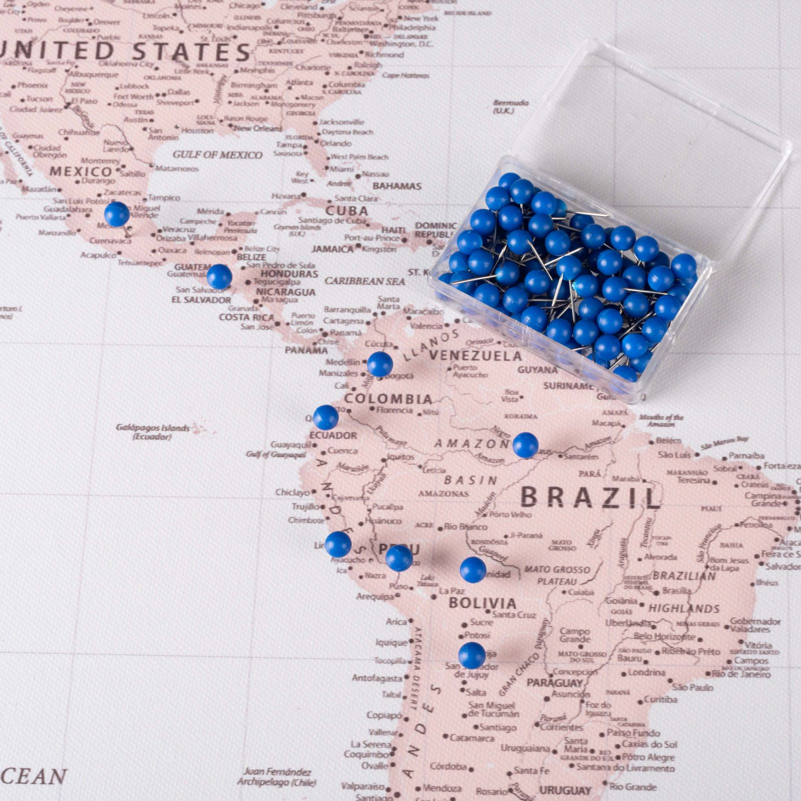 Blue Push Pins to mark travels