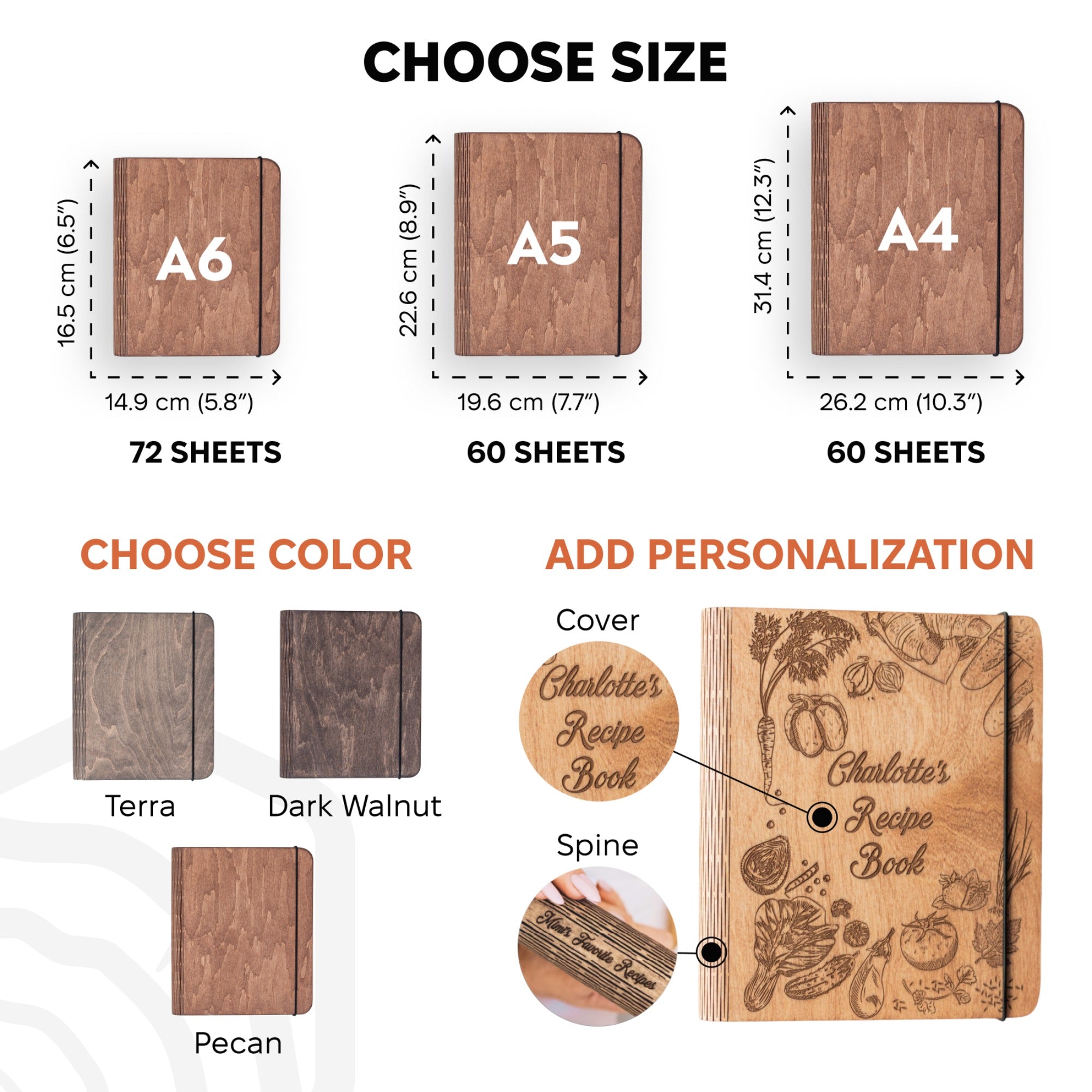 Wooden recipe book with size, color, and personalization options displayed.