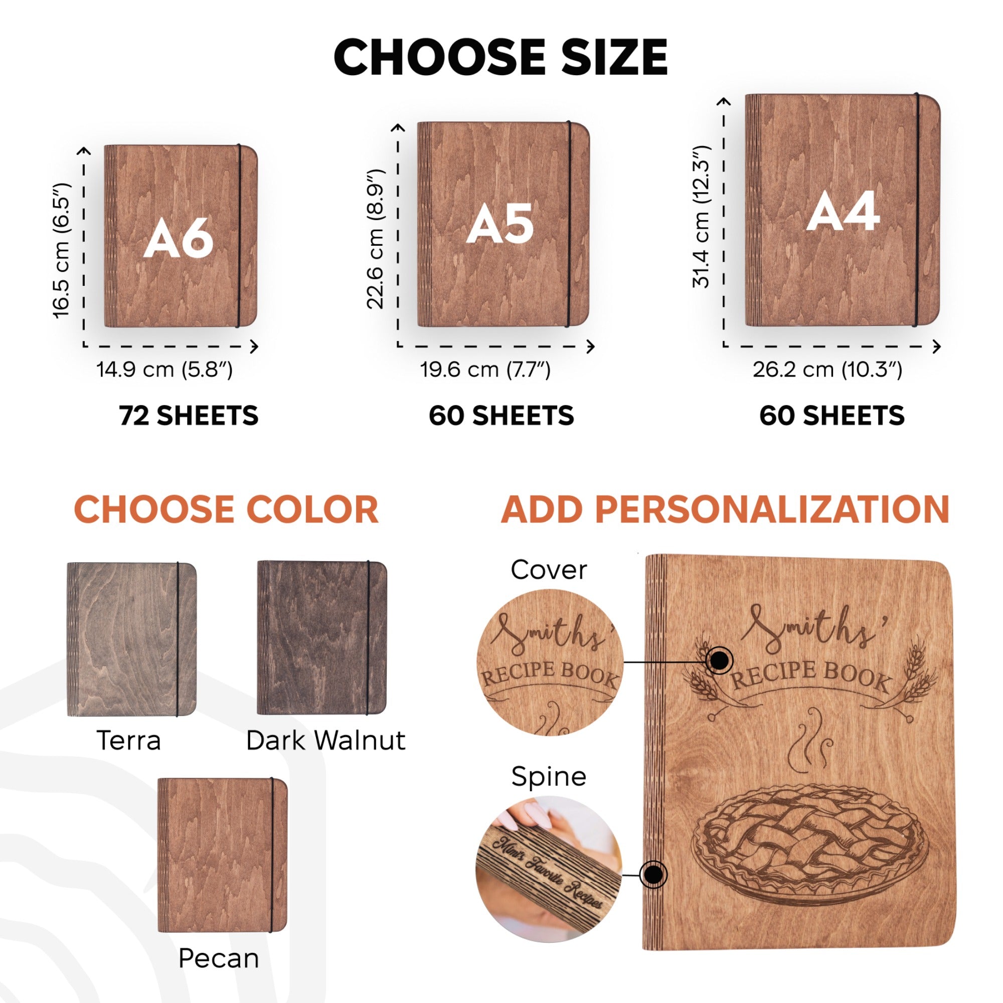 Wooden recipe books with size, color, and personalization options displayed.