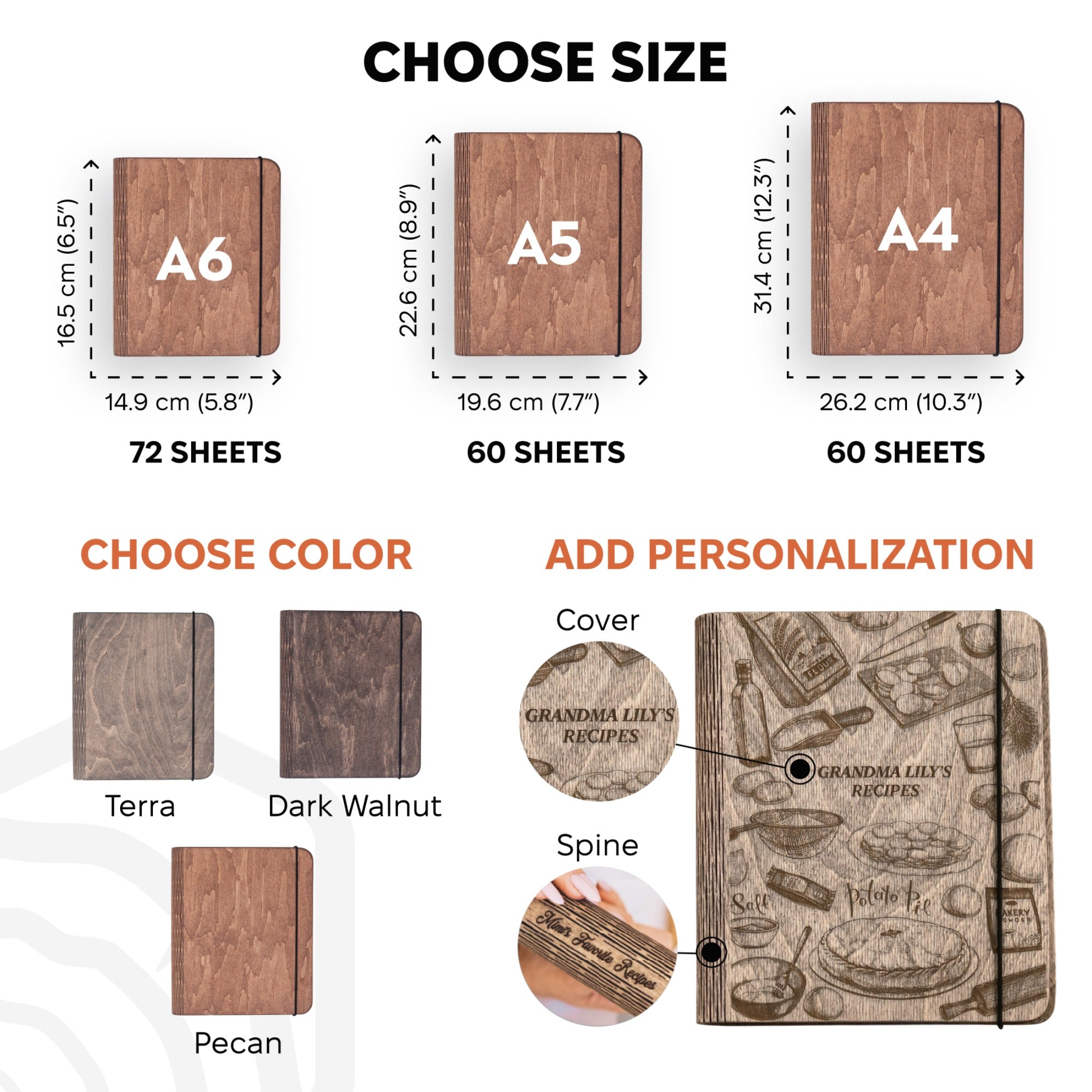 Wooden notebook size chart with dimensions and customization options.