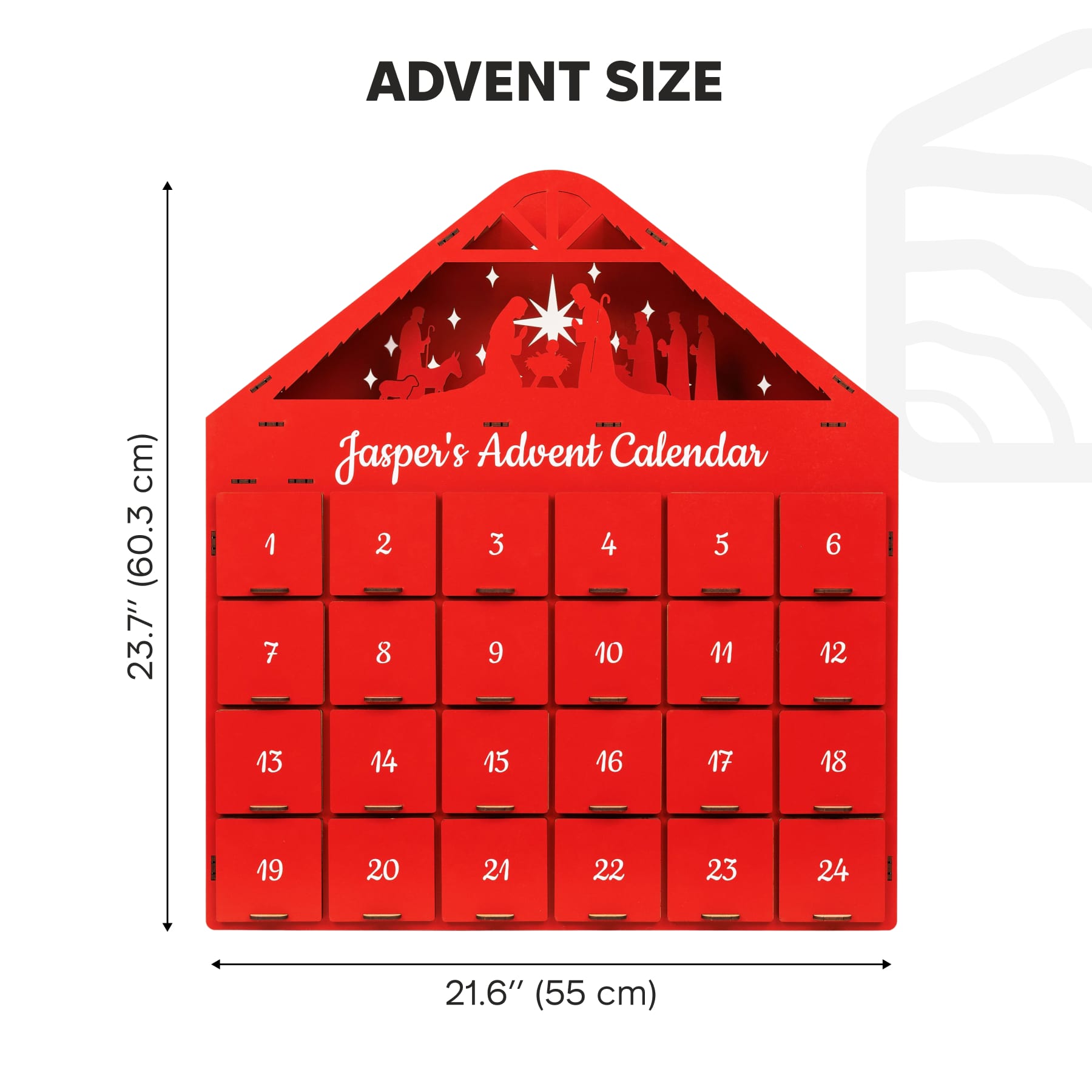 Red advent calendar with dimensions labeled on a white background