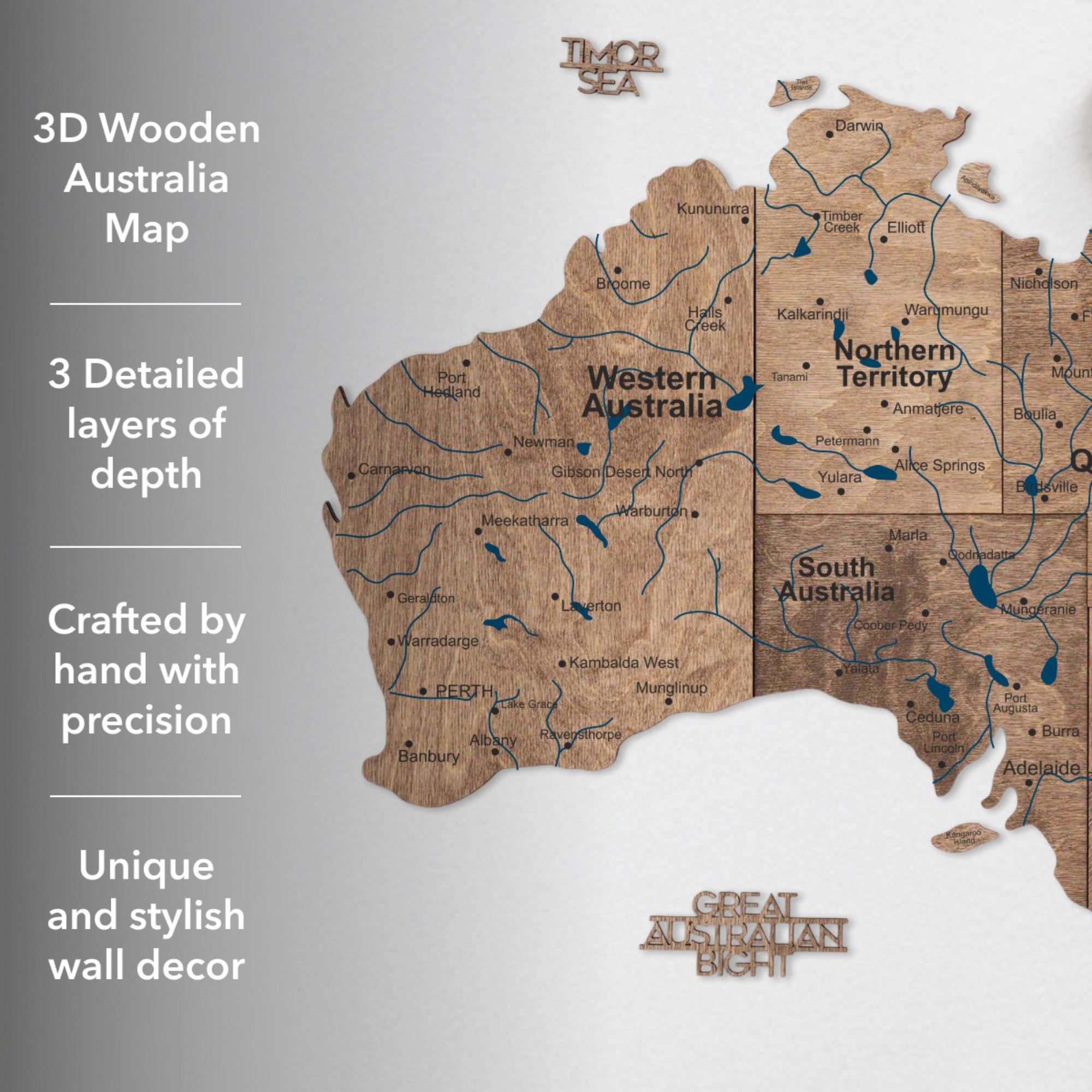 Wooden Australia map with text describing its features on a gray background
