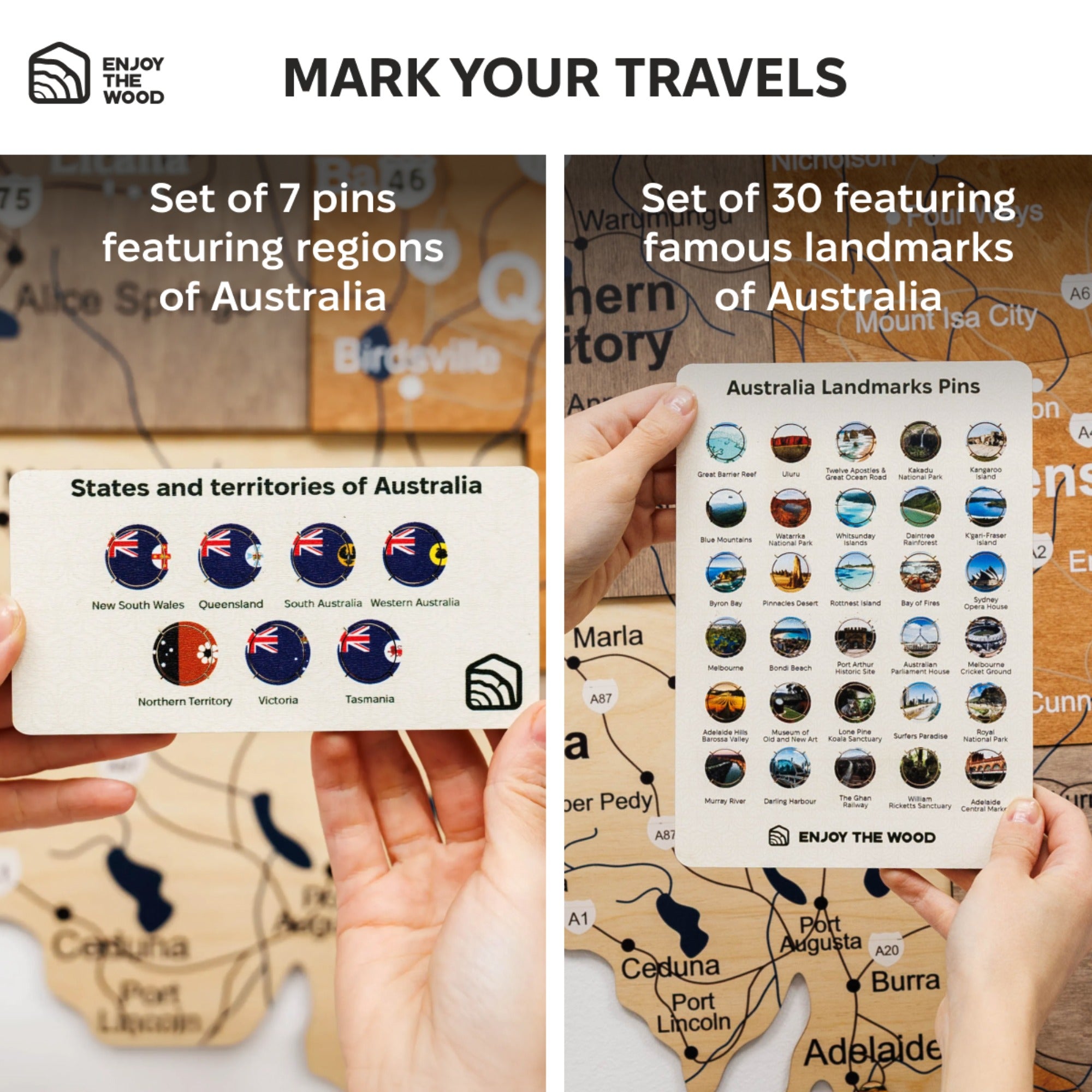 Two sets of Australian-themed pins held over a map, one with state flags and the other with famous landmarks.