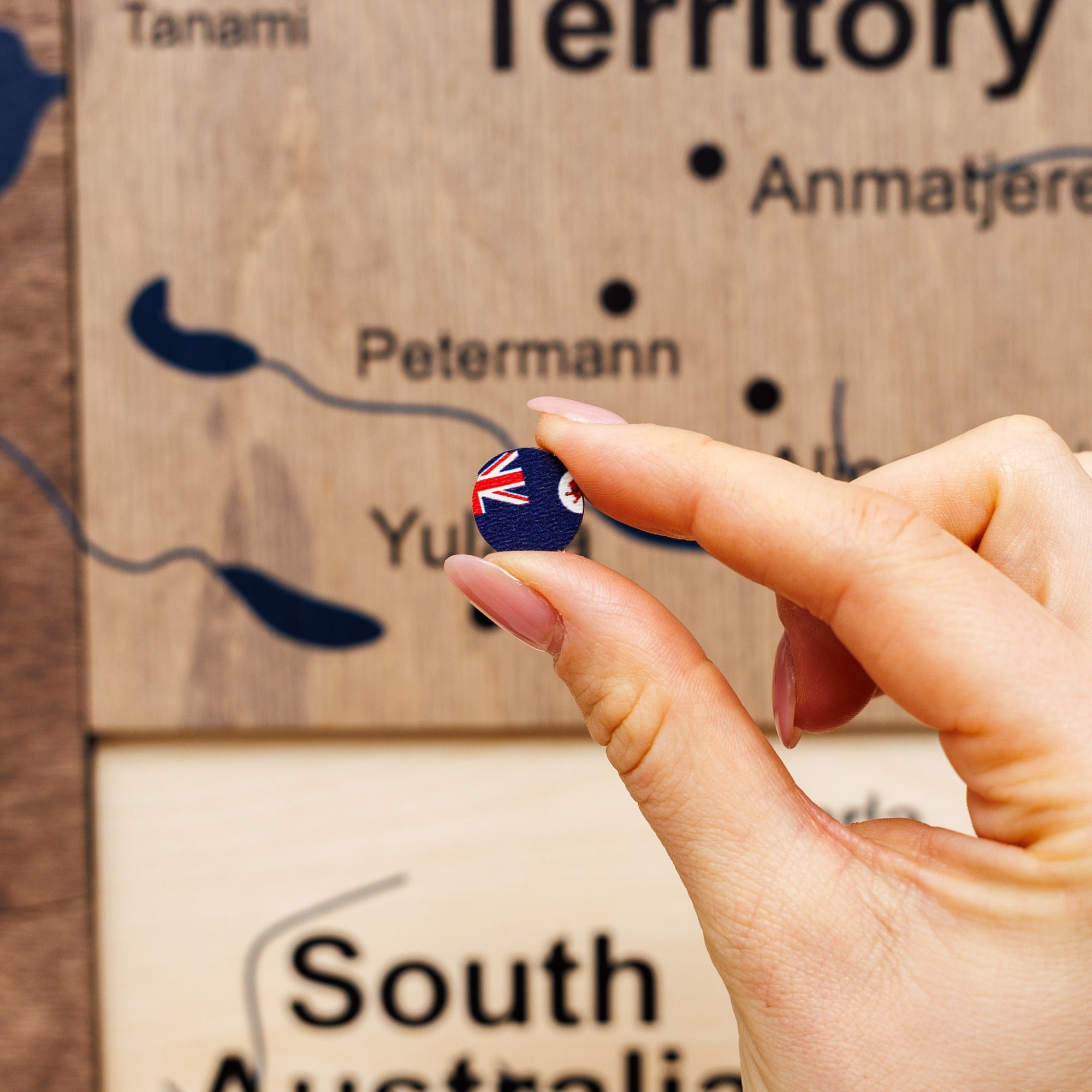 Hand holding a small round object with a flag design against a wooden map background
