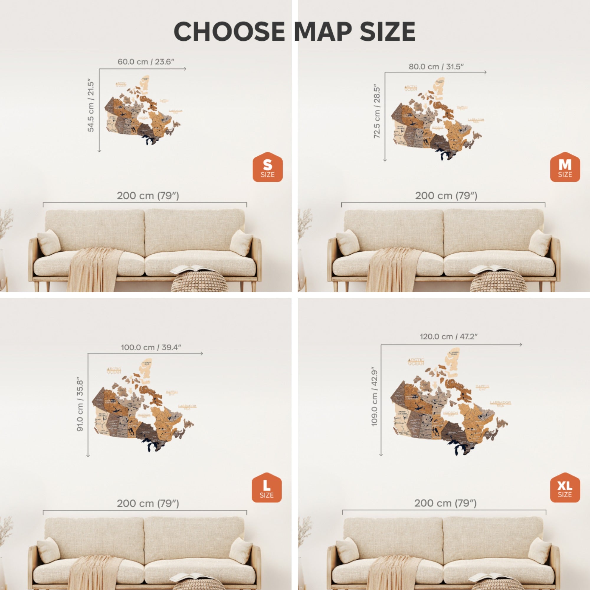 Four size options of a wall map displayed with a beige sofa for scale.