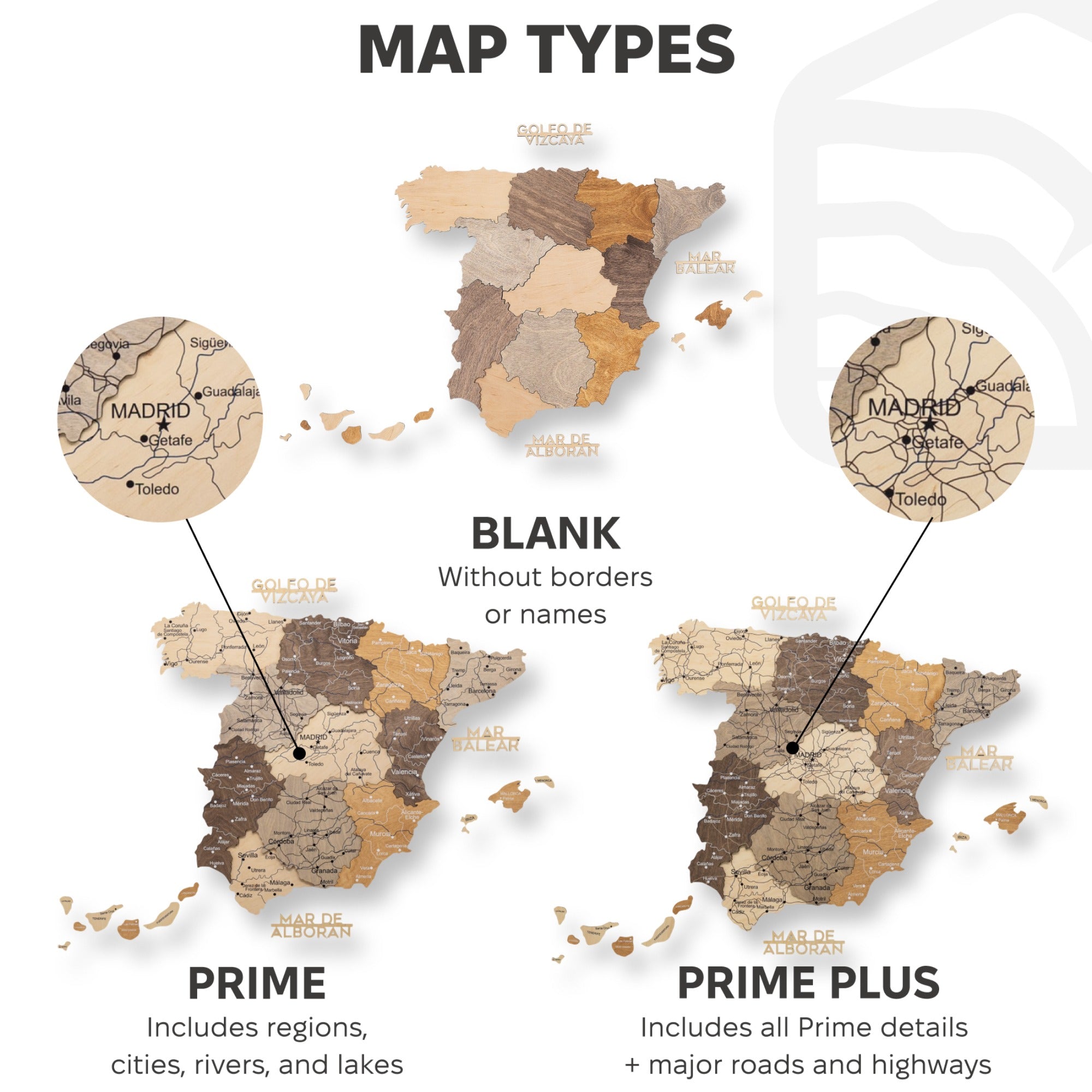 Comparison of different map types with labels on a white background