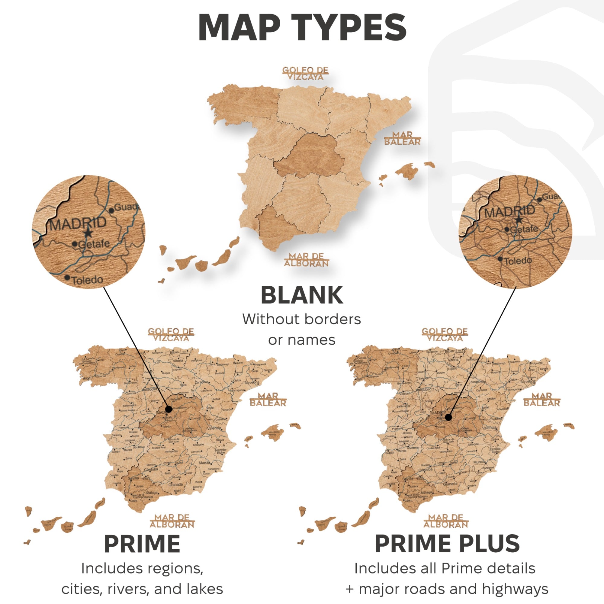 Comparison of different map types with labels on a white background