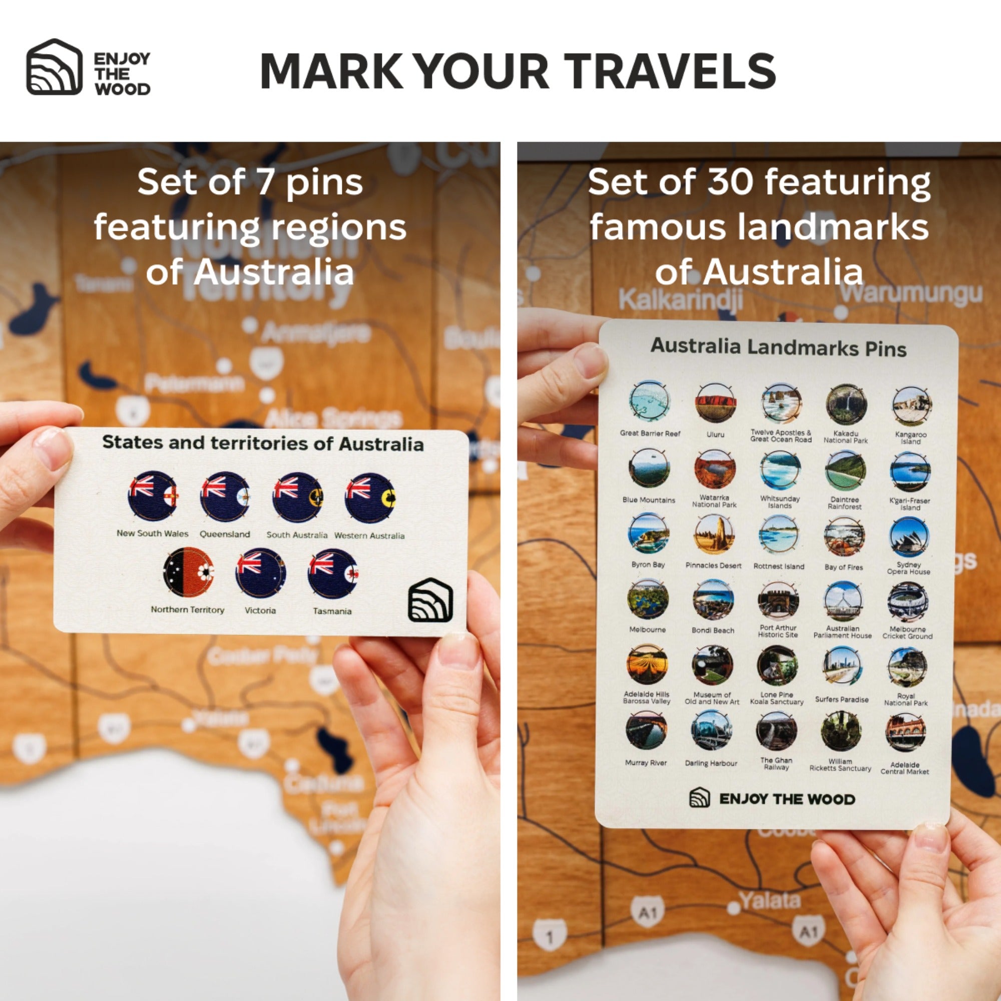 Two sets of Australian-themed pins held by hands against a wooden background with 'Enjoy the Wood' branding.