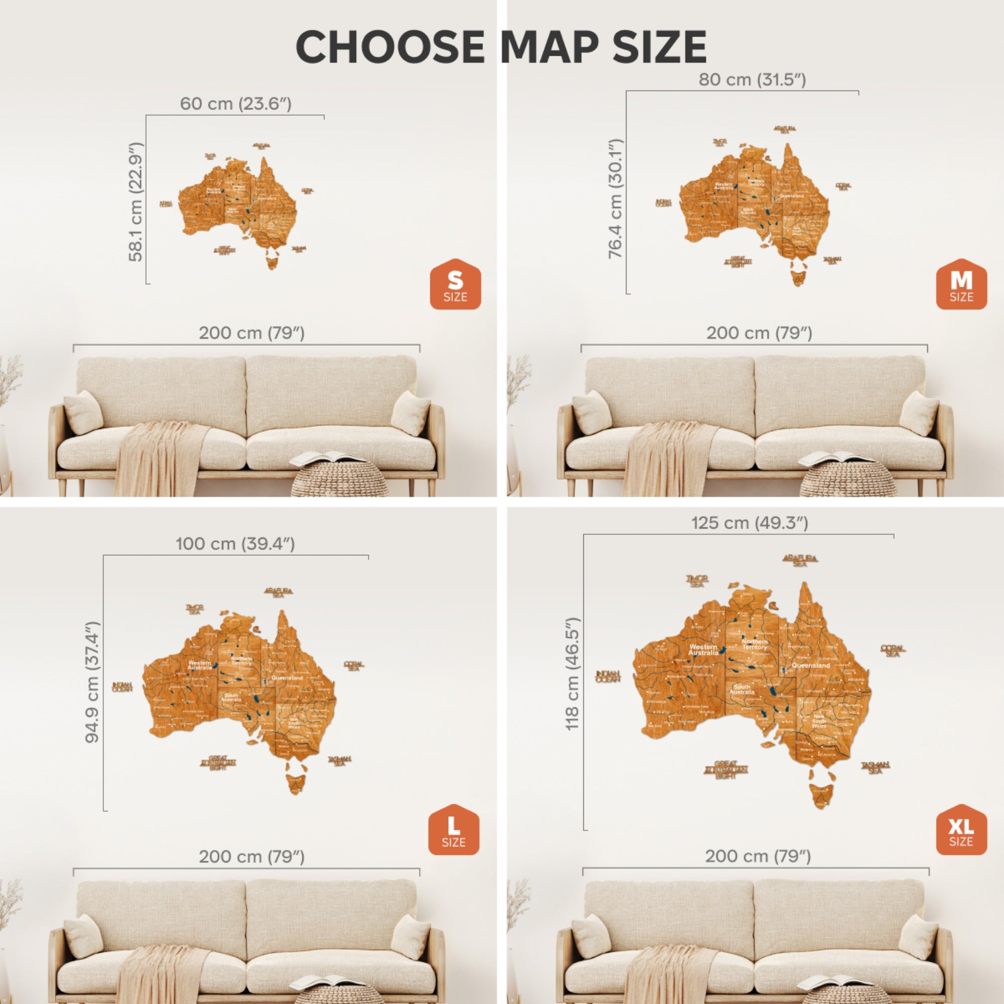 Comparison of different sizes of Australia wall maps with a sofa for scale.