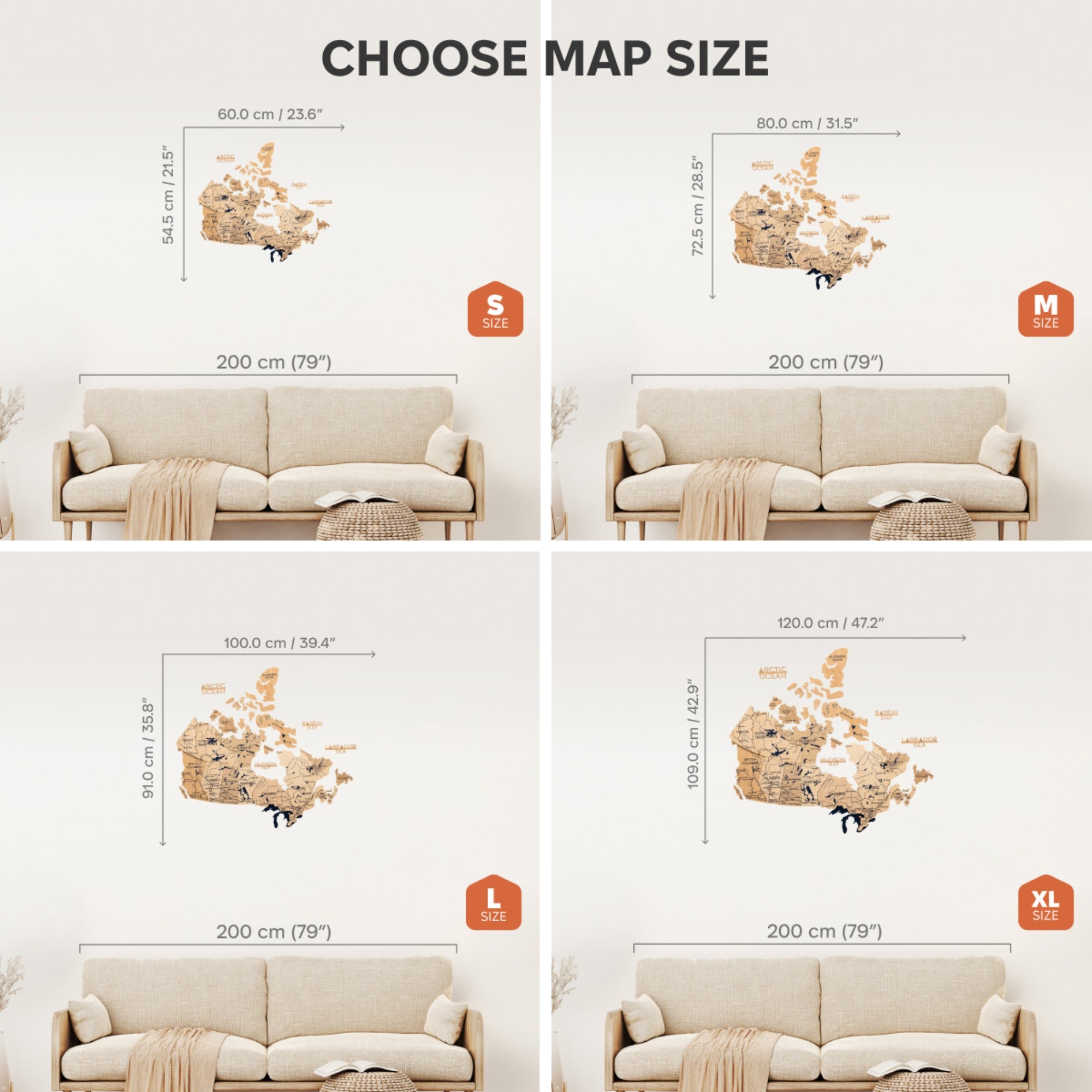 Map size selection for a wall decal with a beige sofa in the background
