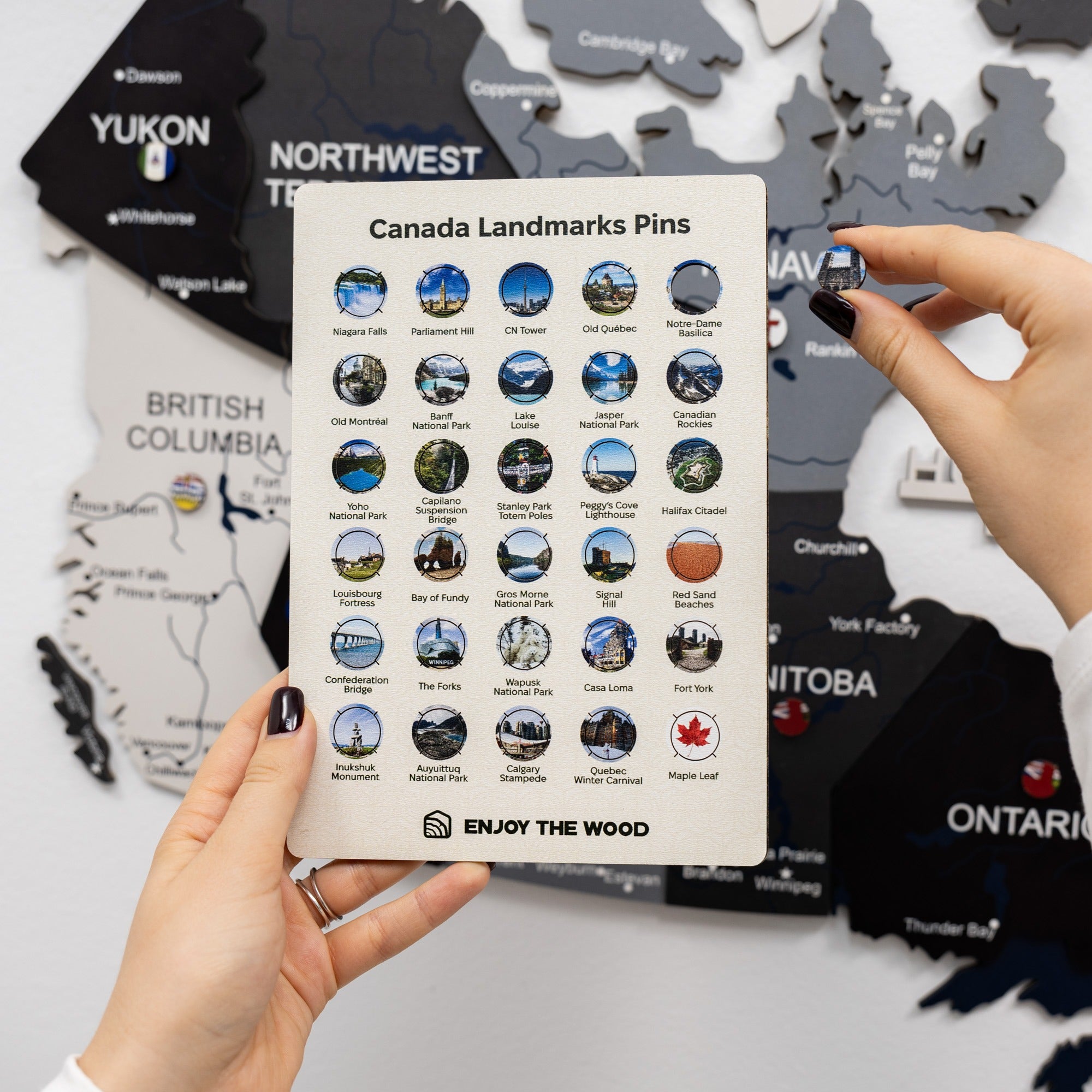 Canada Landmarks Pins with a card displaying various pins against a map background