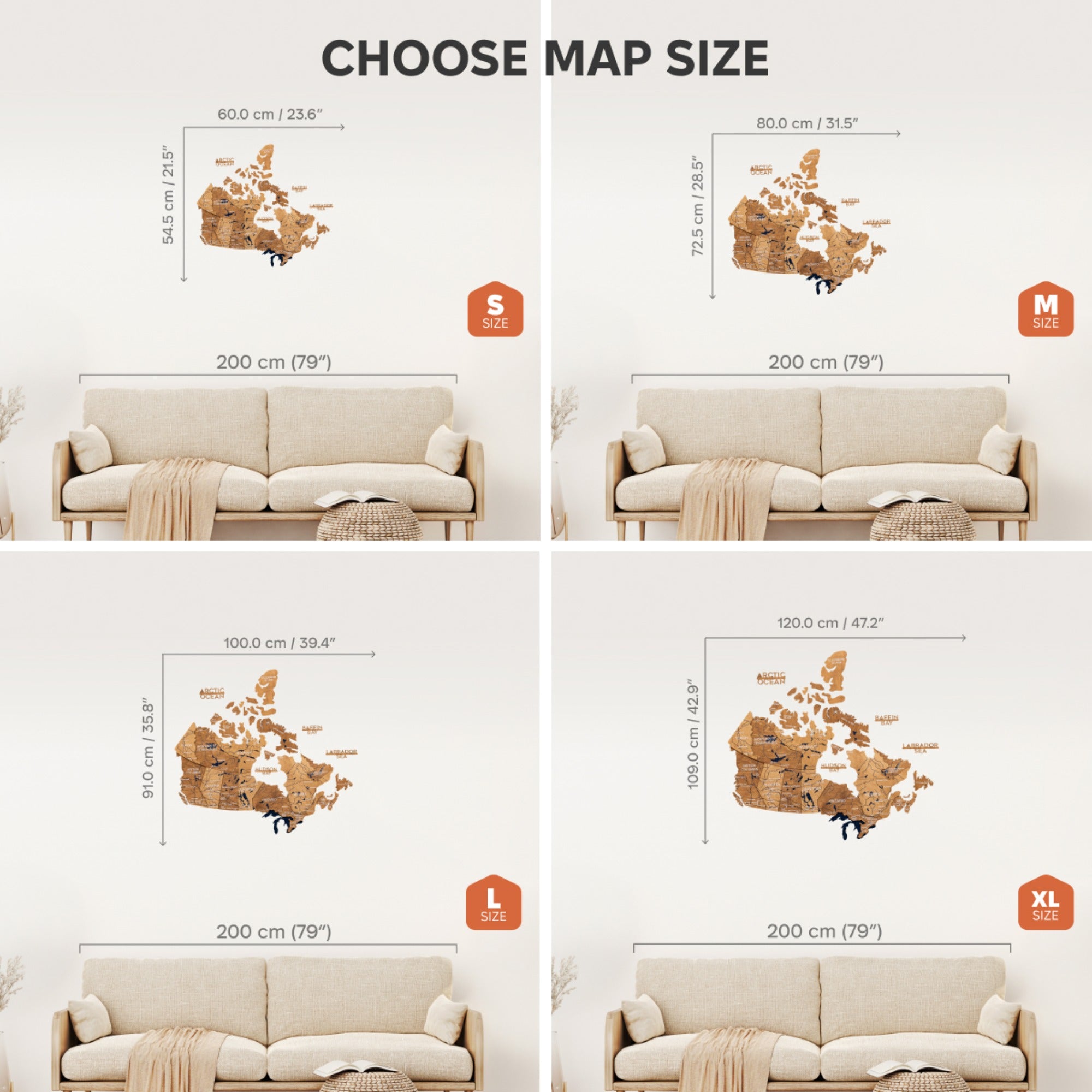 Map size selection for a wall decal with a sofa in the background