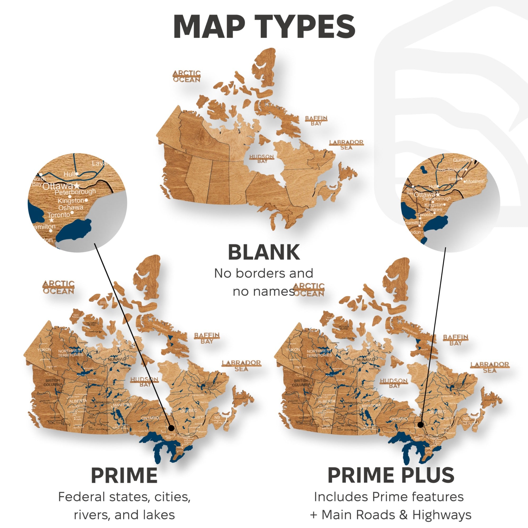 Map types of Canada with different levels of detail