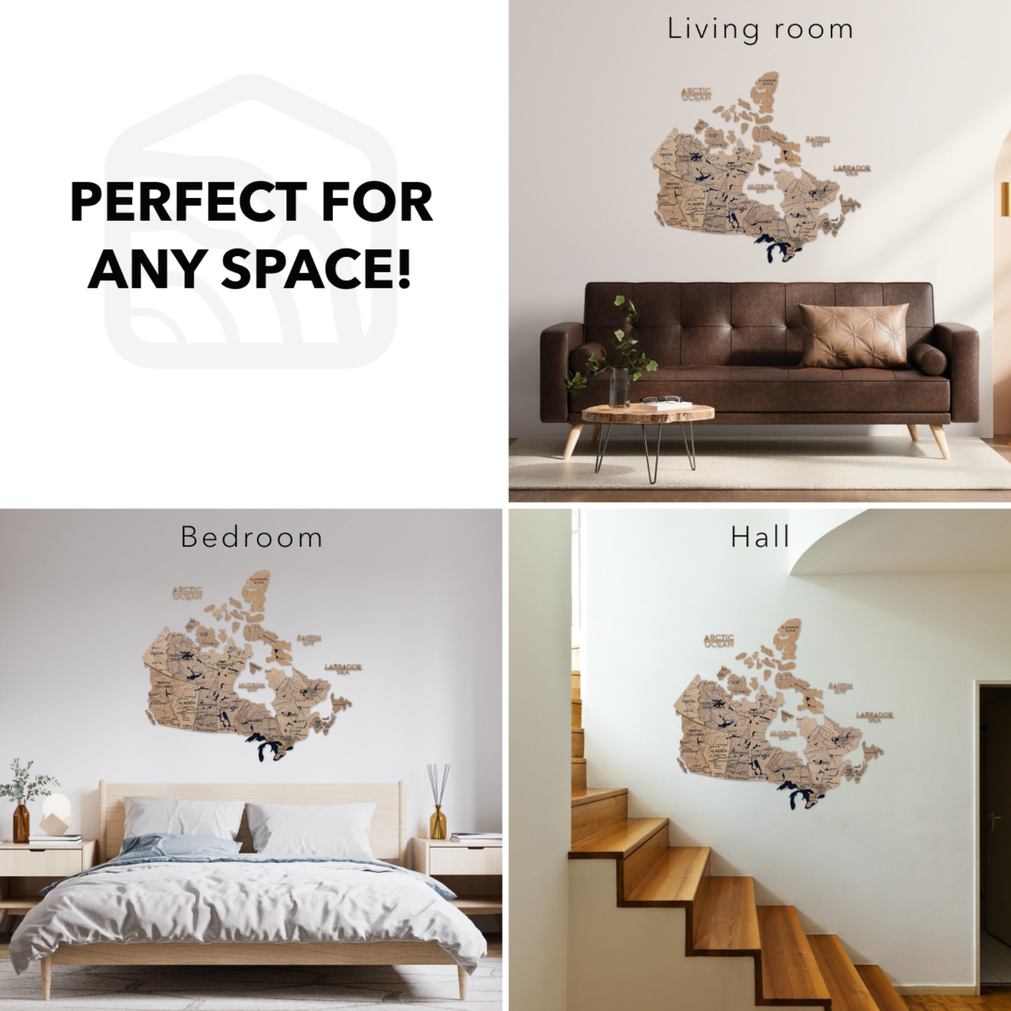 Wooden wall map displayed in various rooms with text 'Perfect for any space!'.
