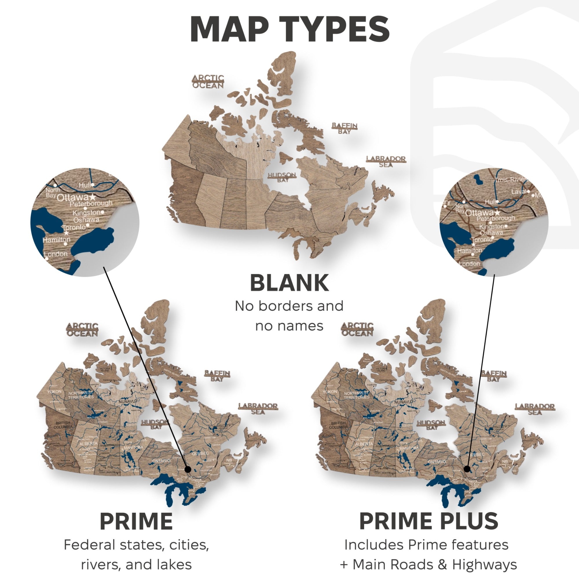 Map types of Canada with different levels of detail on a white background