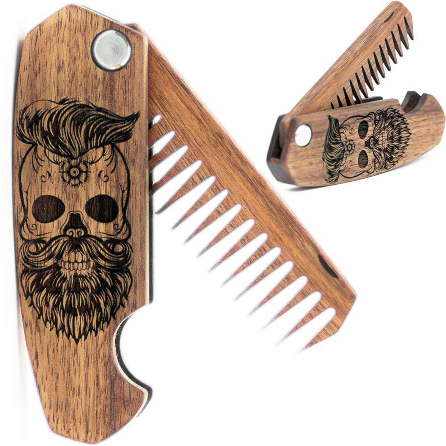 Peine de madera para barba con diseño de calavera