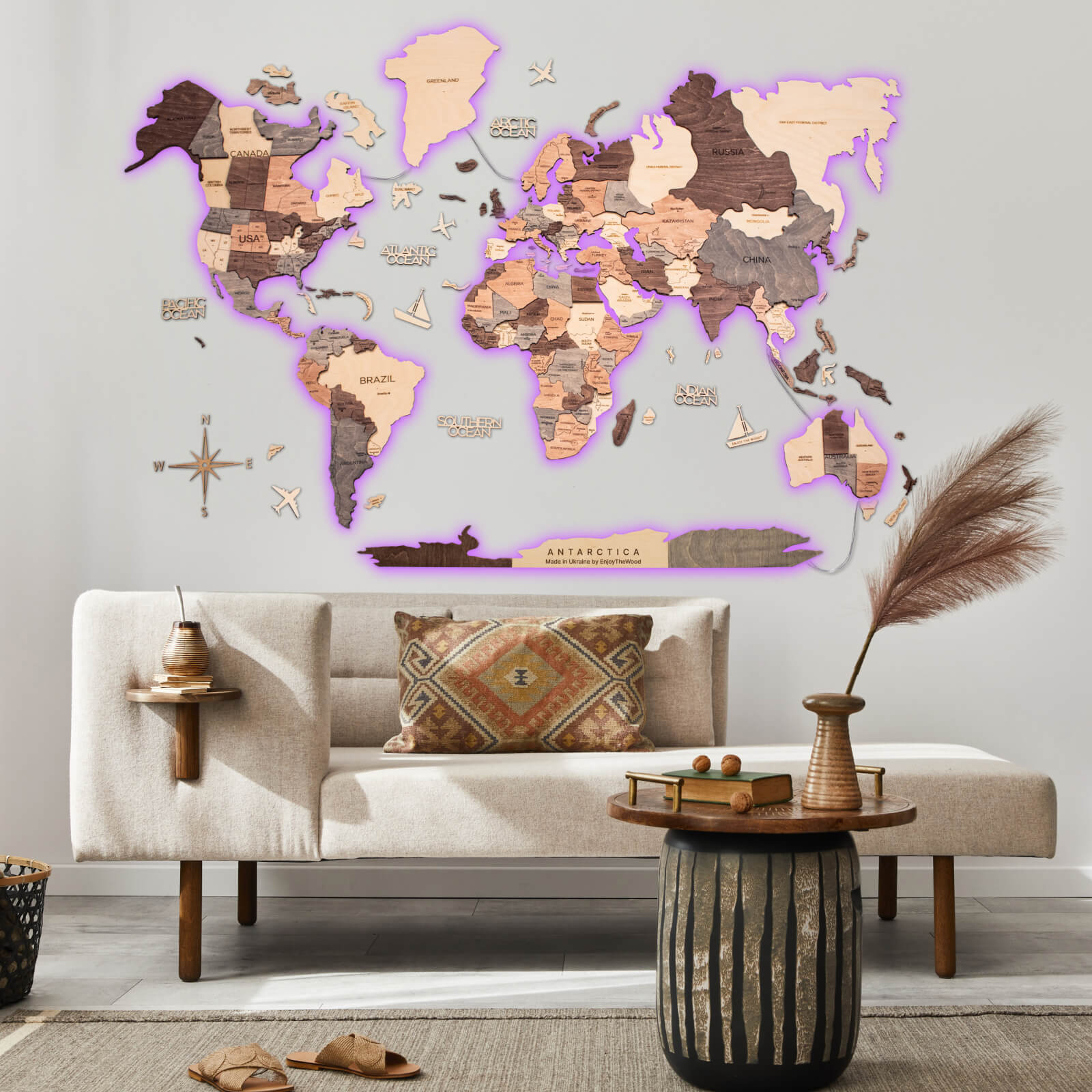 3D LED Wooden World Map 3.0 Smokey