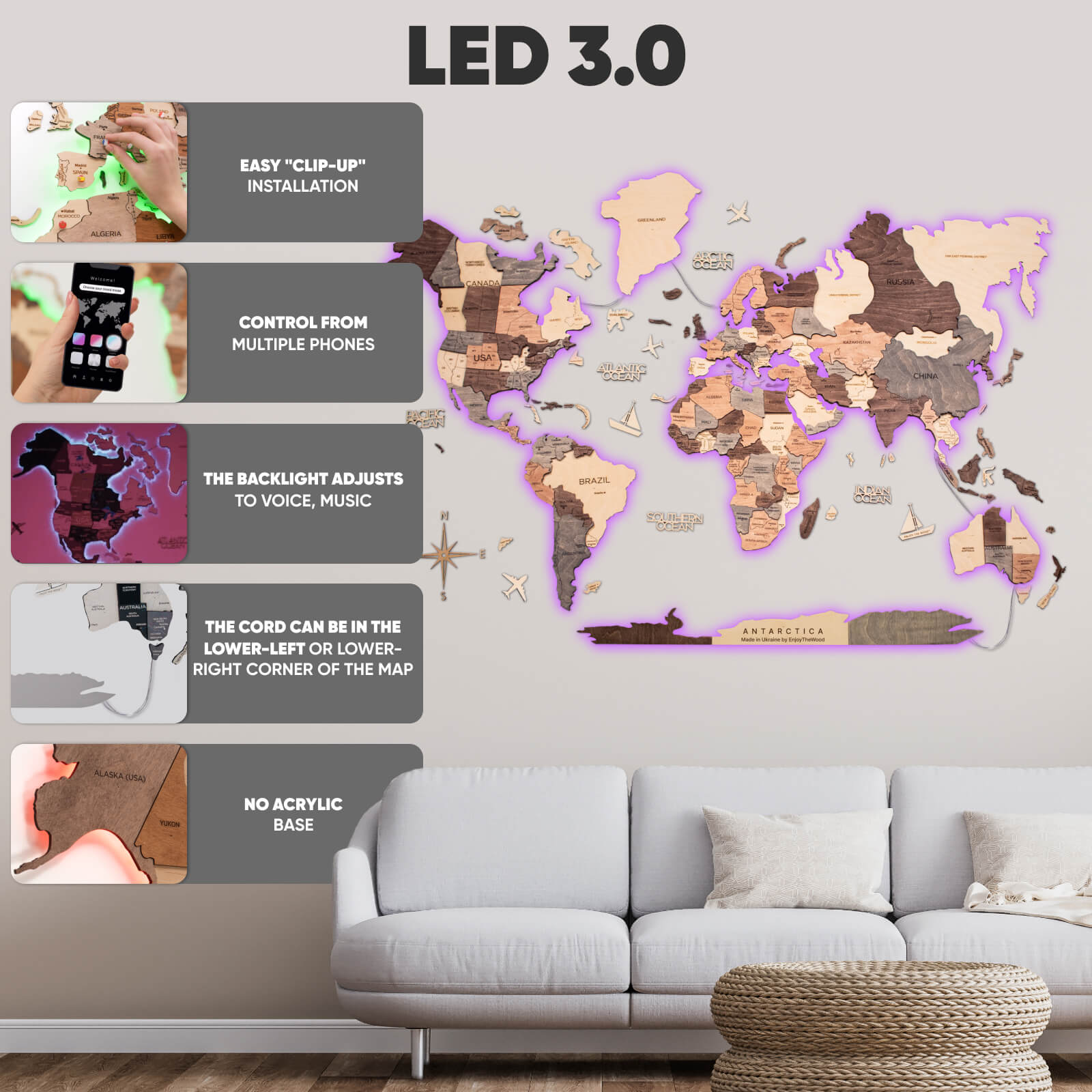 Mapamundi de madera LED 3D 3.0 Smokey
