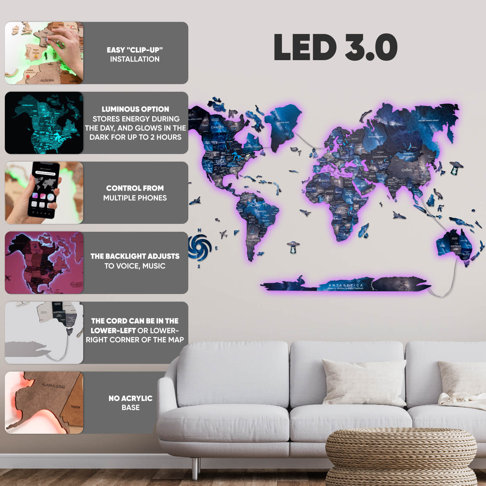 3D LED / LUMINOSO Mapamundi de Madera 3.0 Espacio