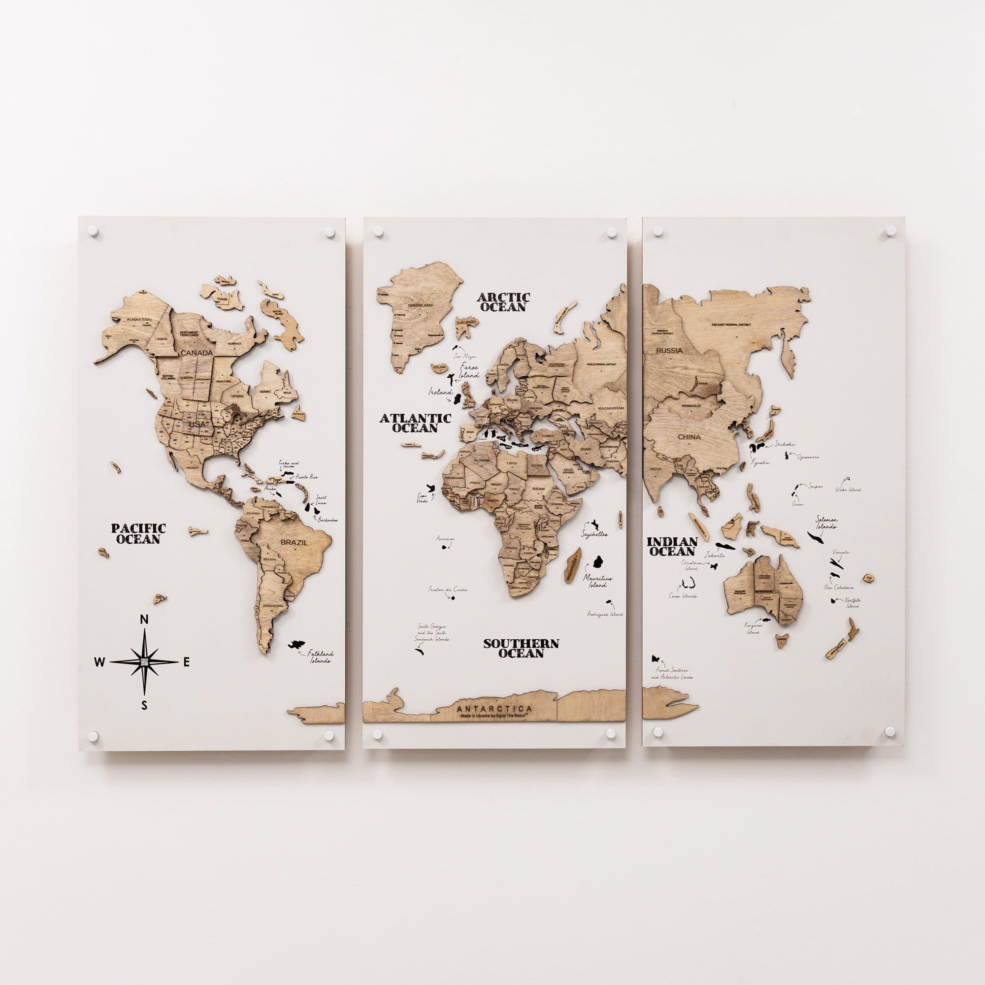 Wooden world map on a white background