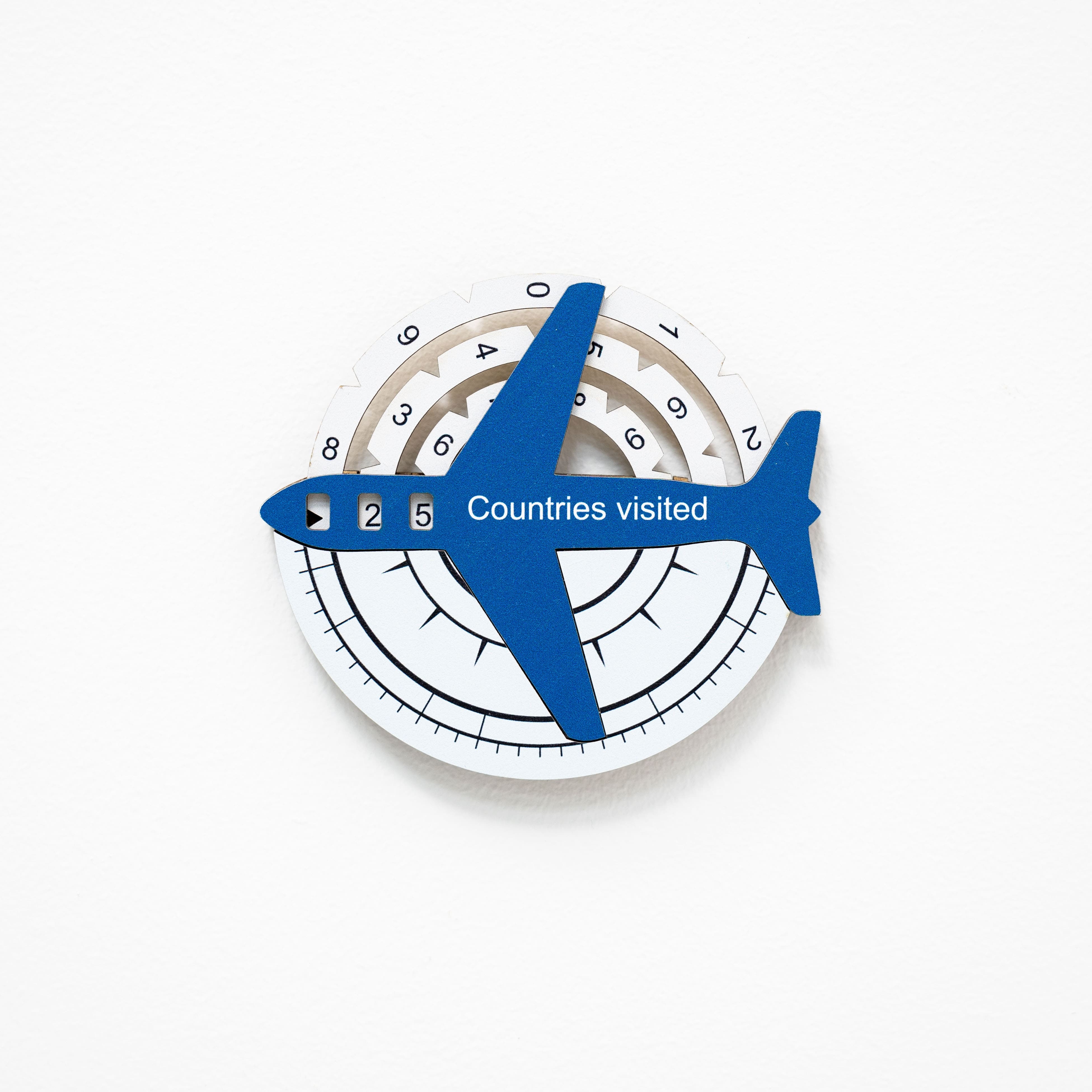 Circular device with a blue airplane illustration and numbered markers on a white background