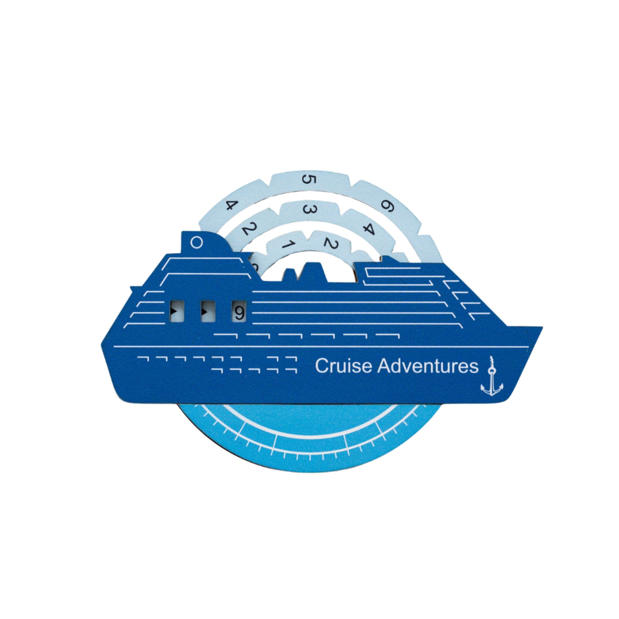 Blue cruise ship design with 'Cruise Adventures' text on a white background