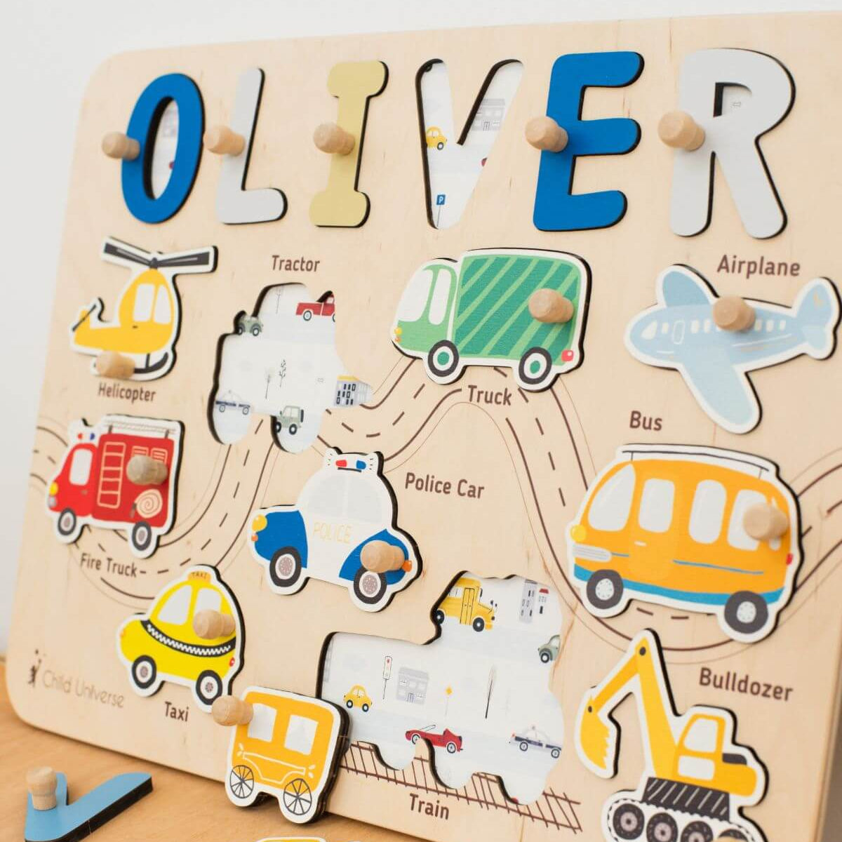 transport wooden name puzzle