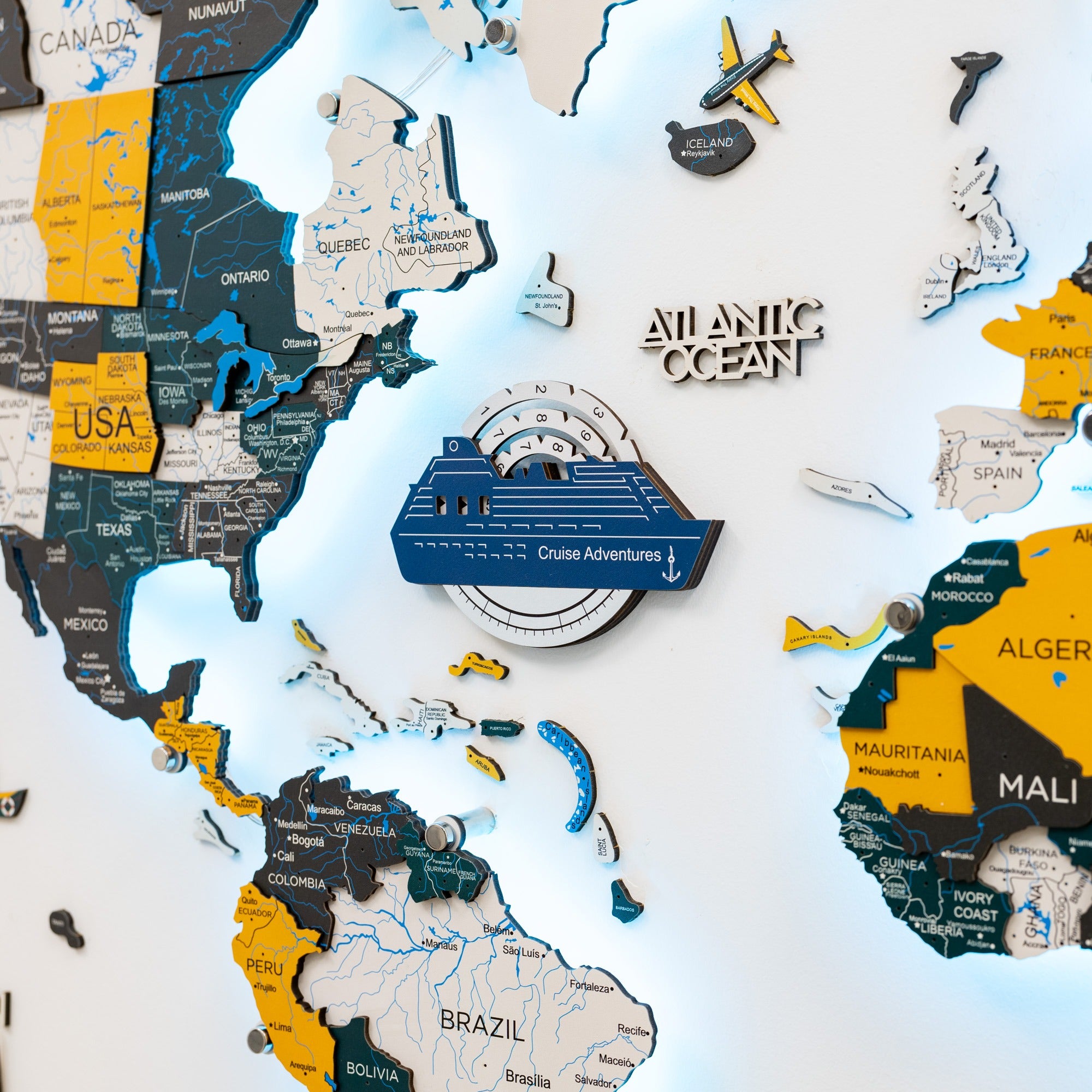 Travel Tracker Cruise Liner 3D Colored Wooden World Map - Aqua