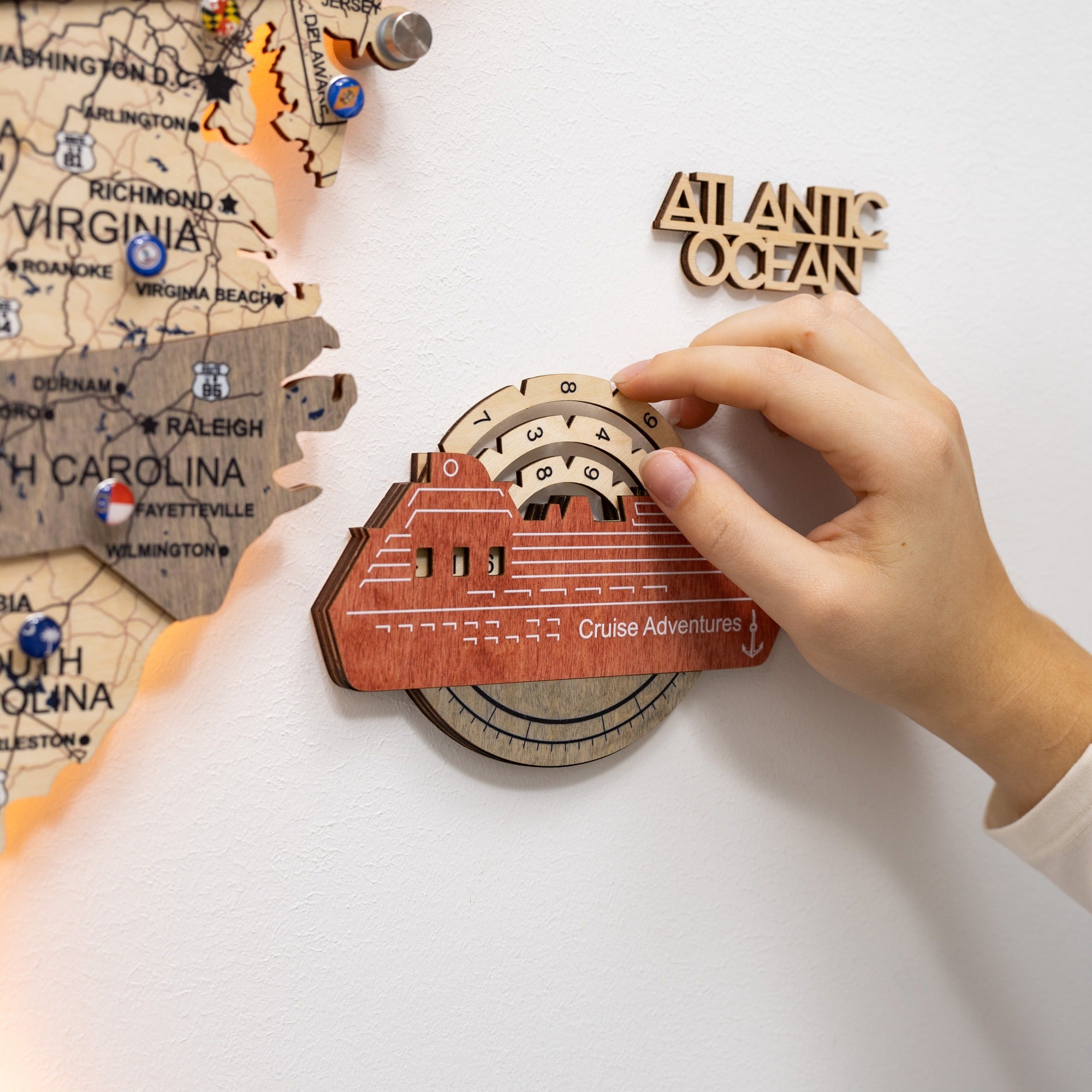 Travel Tracker Cruise Liner 3D Colored Wooden World Map - Fusion