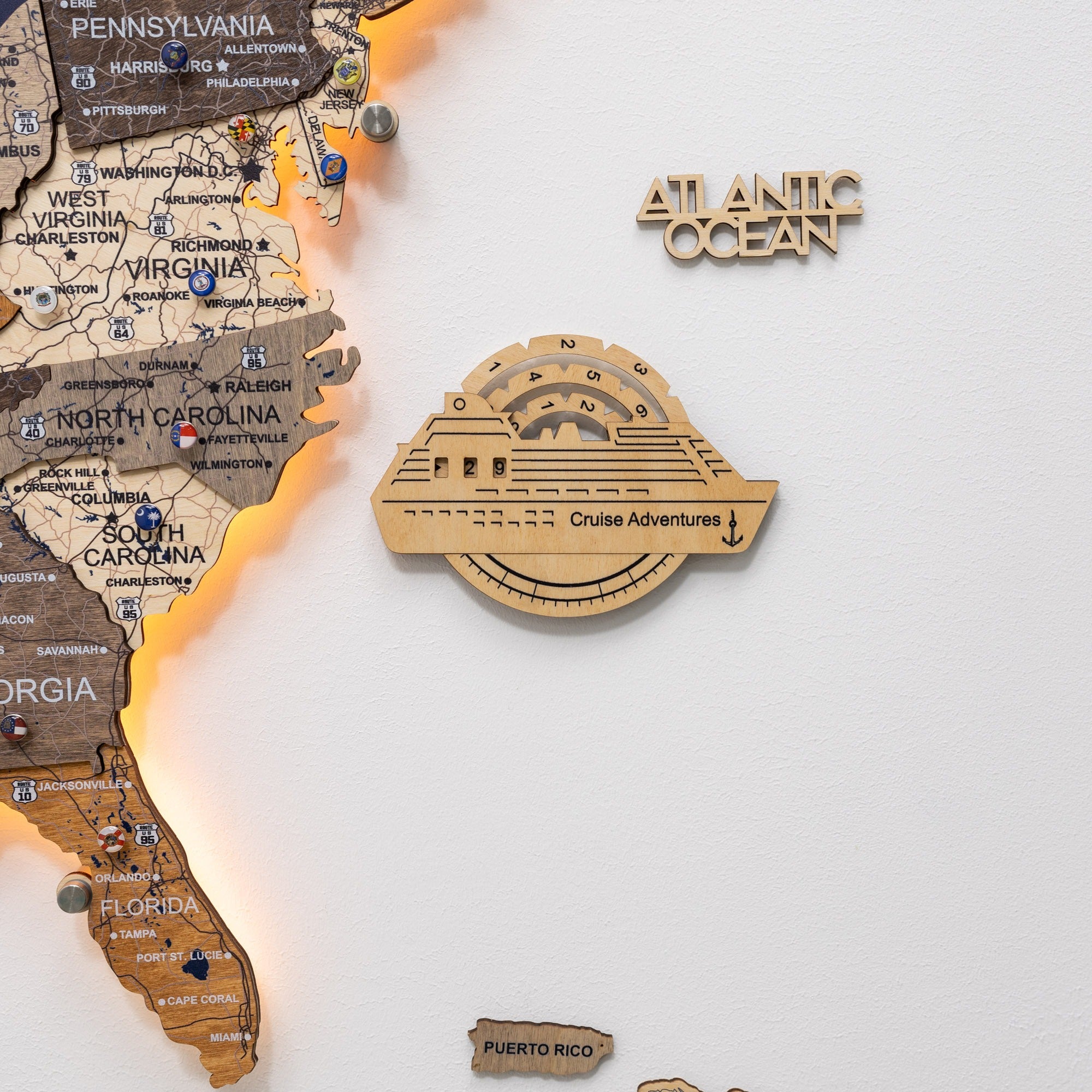 Travel Tracker Cruise Liner 3D Colored Wooden World Map - Gold