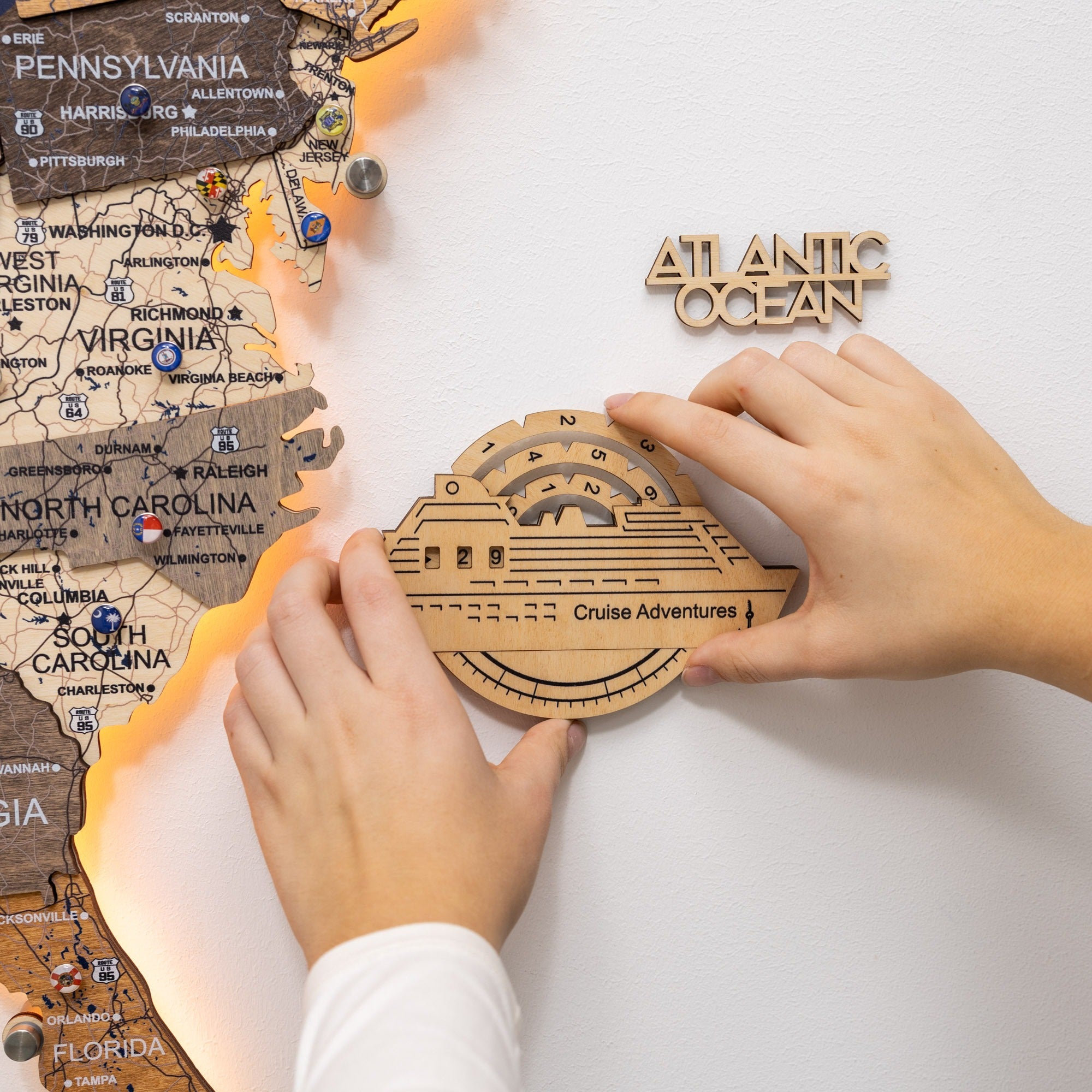 Travel Tracker Cruise Liner 3D Colored Wooden World Map - Gold