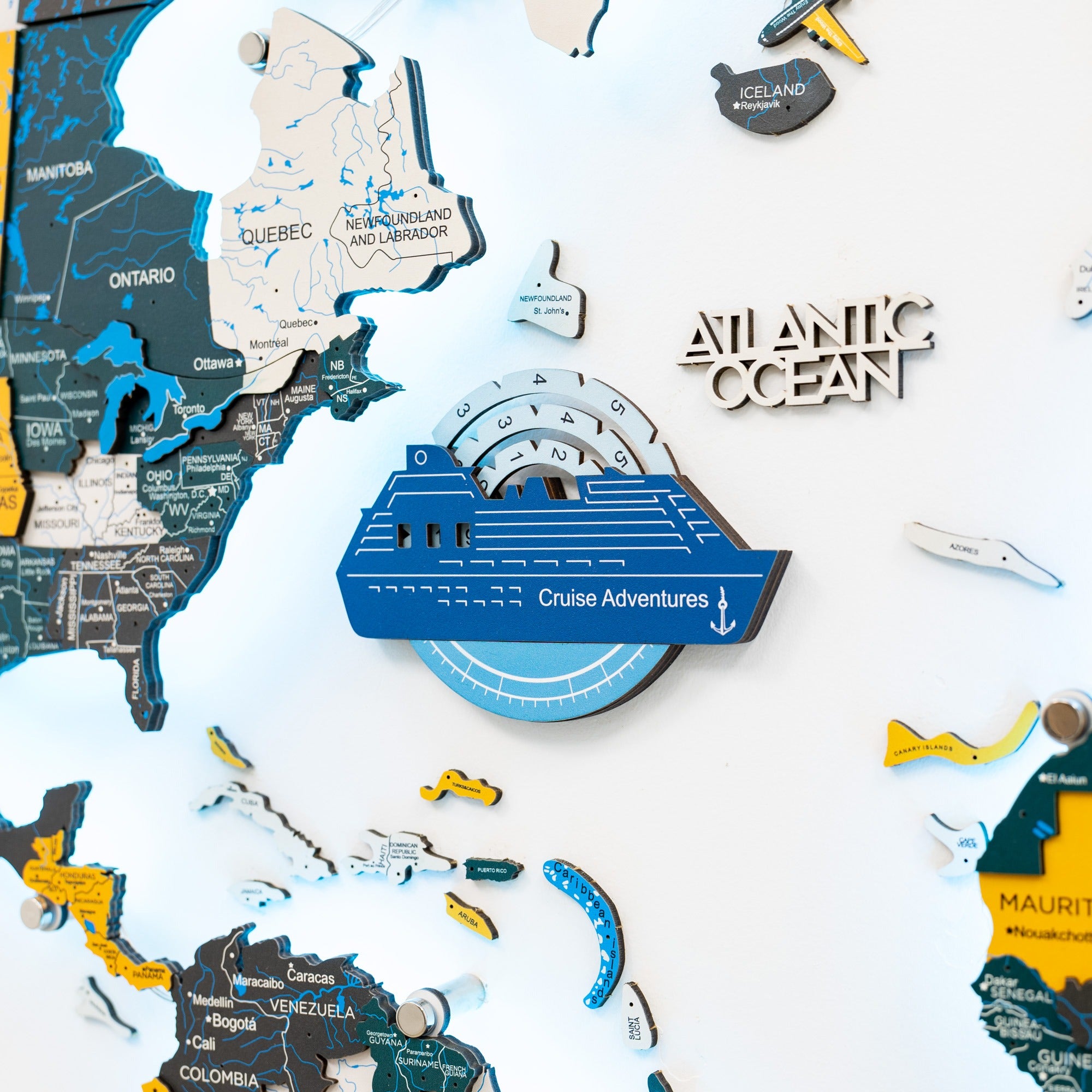 Travel Tracker Cruise Liner 3D Colored Wooden World Map - Azure