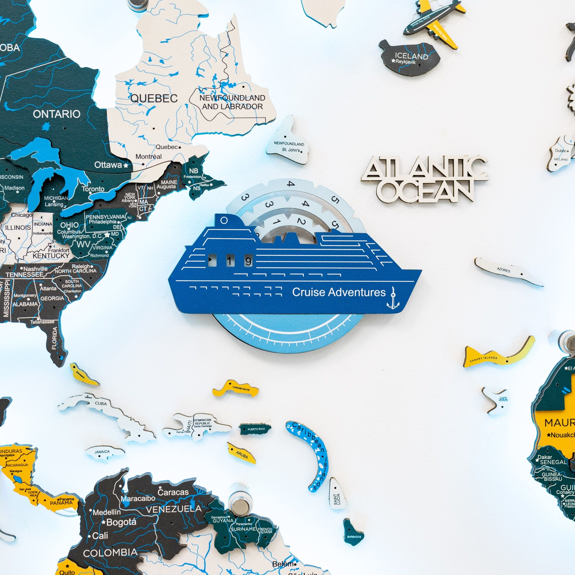Travel Tracker Cruise Liner 3D Colored Wooden World Map - Azure