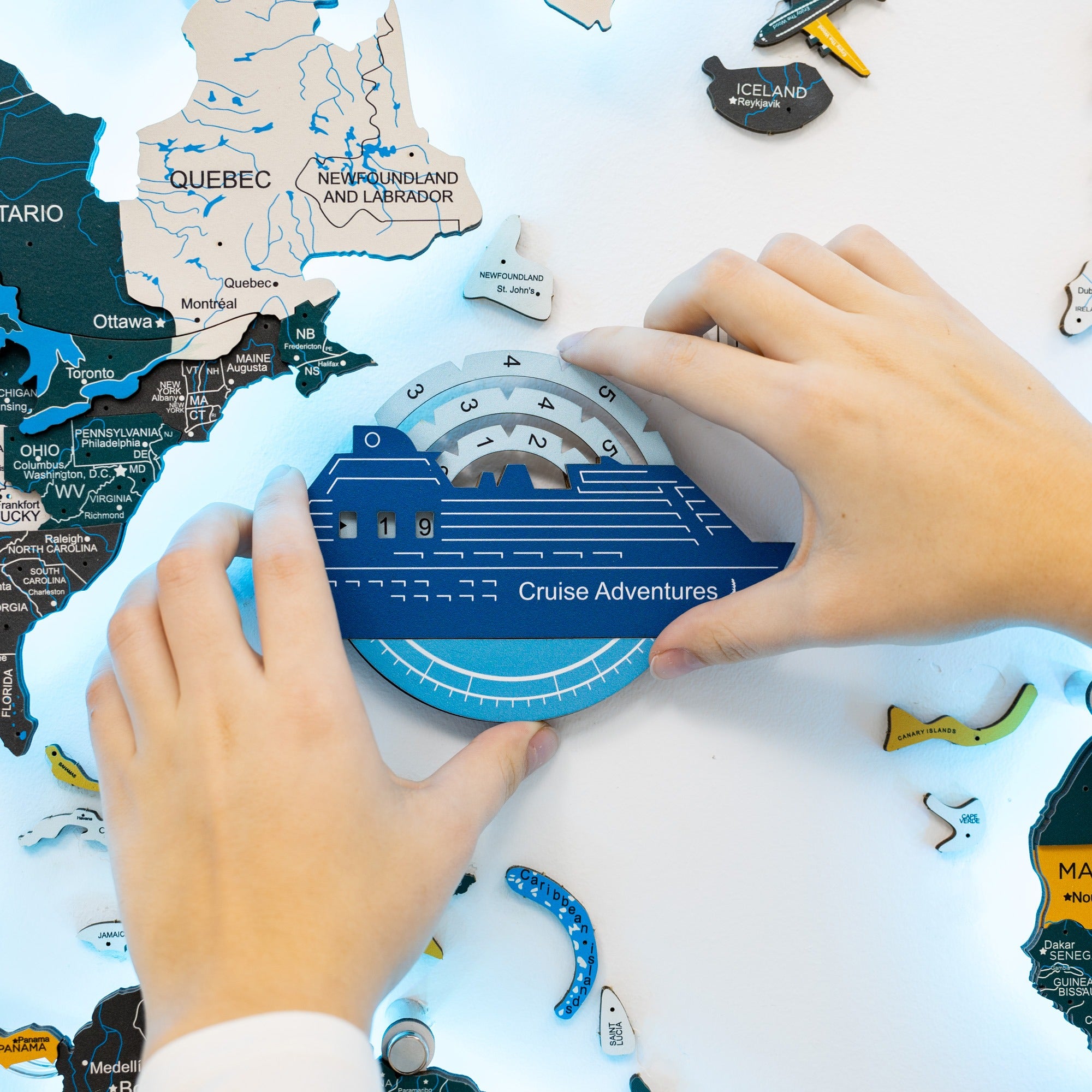 Travel Tracker Cruise Liner 3D Colored Wooden World Map - Azure