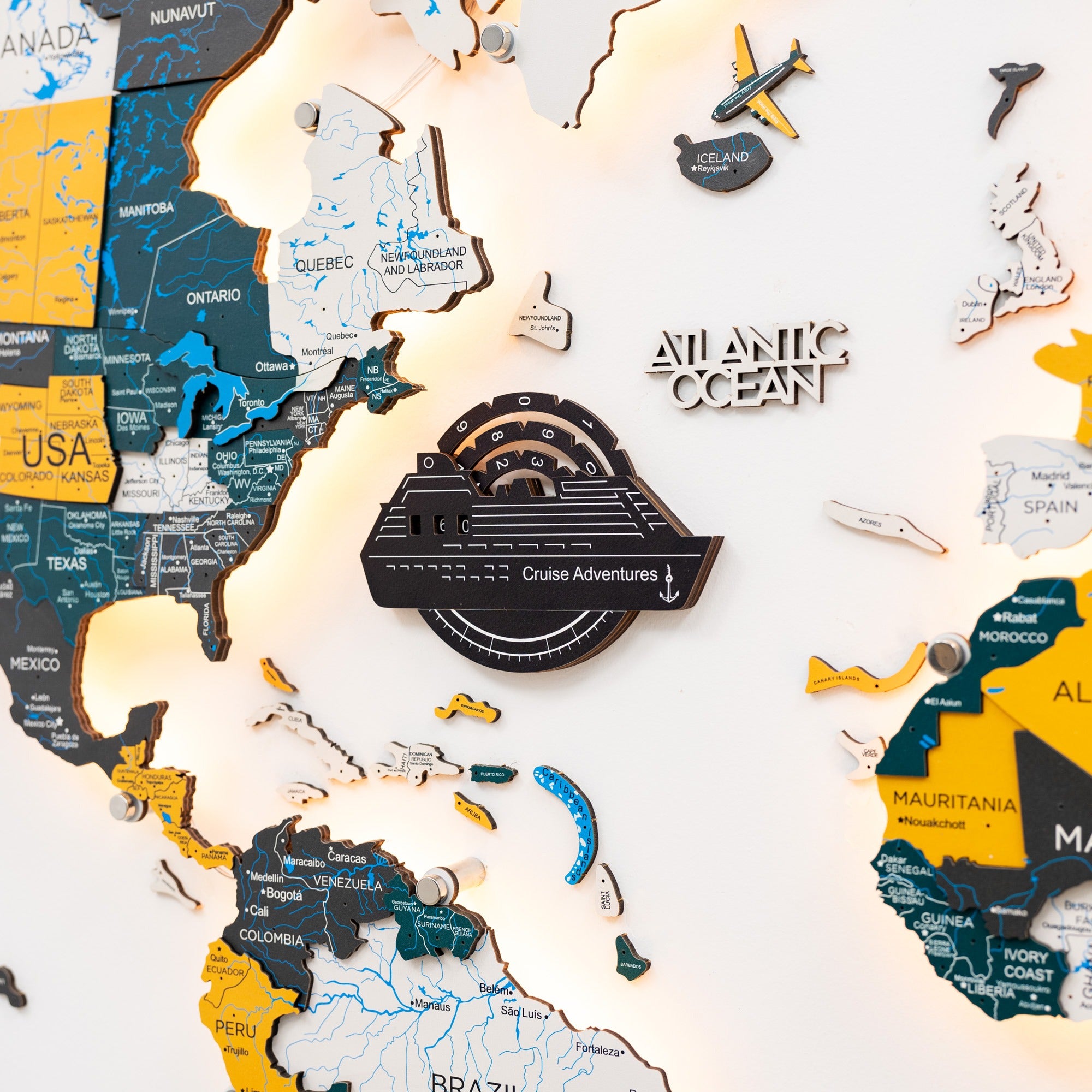 Travel Tracker Cruise Liner 3D Colored Wooden World Map - Midnight