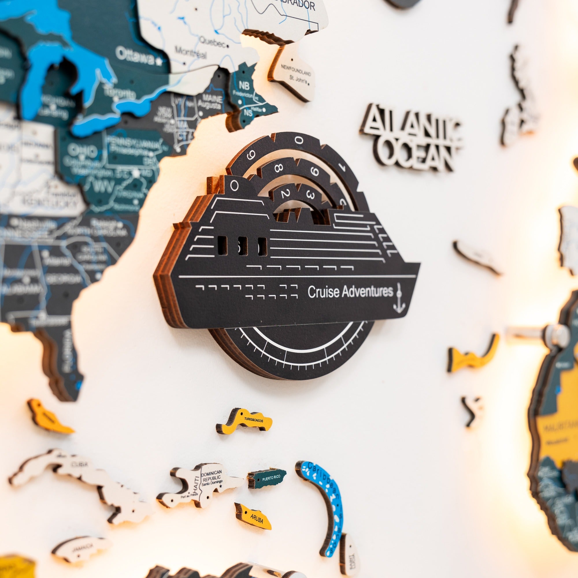 Travel Tracker Cruise Liner 3D Colored Wooden World Map - Midnight