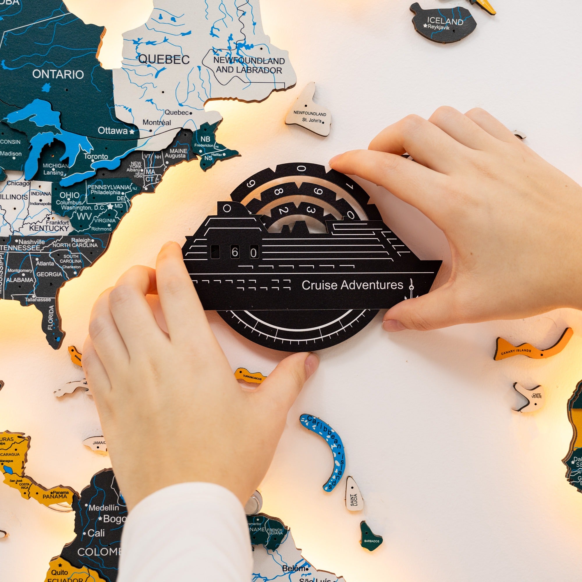 Travel Tracker Cruise Liner 3D Colored Wooden World Map - Midnight