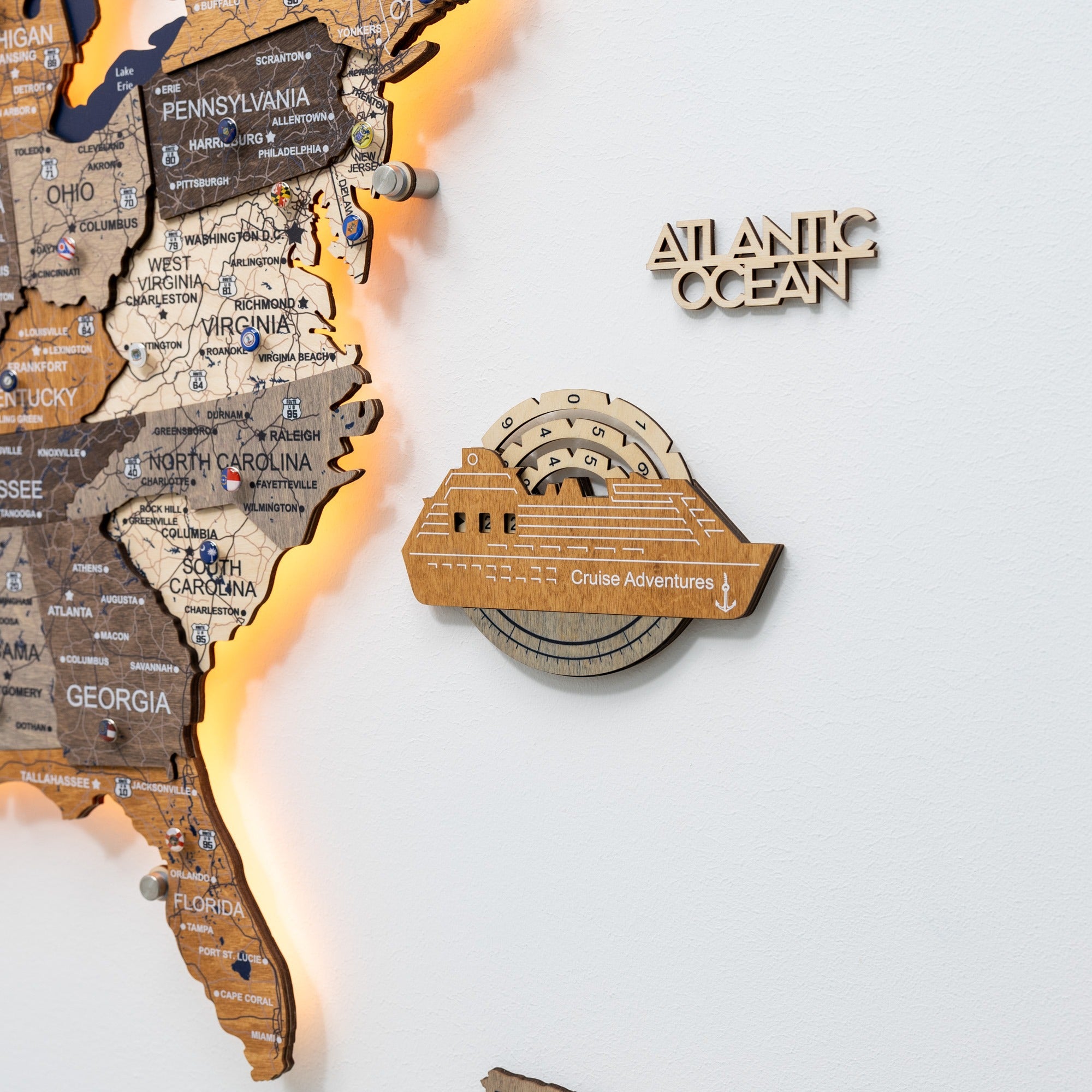 Travel Tracker Cruise Liner 3D Colored Wooden World Map - Multicolor