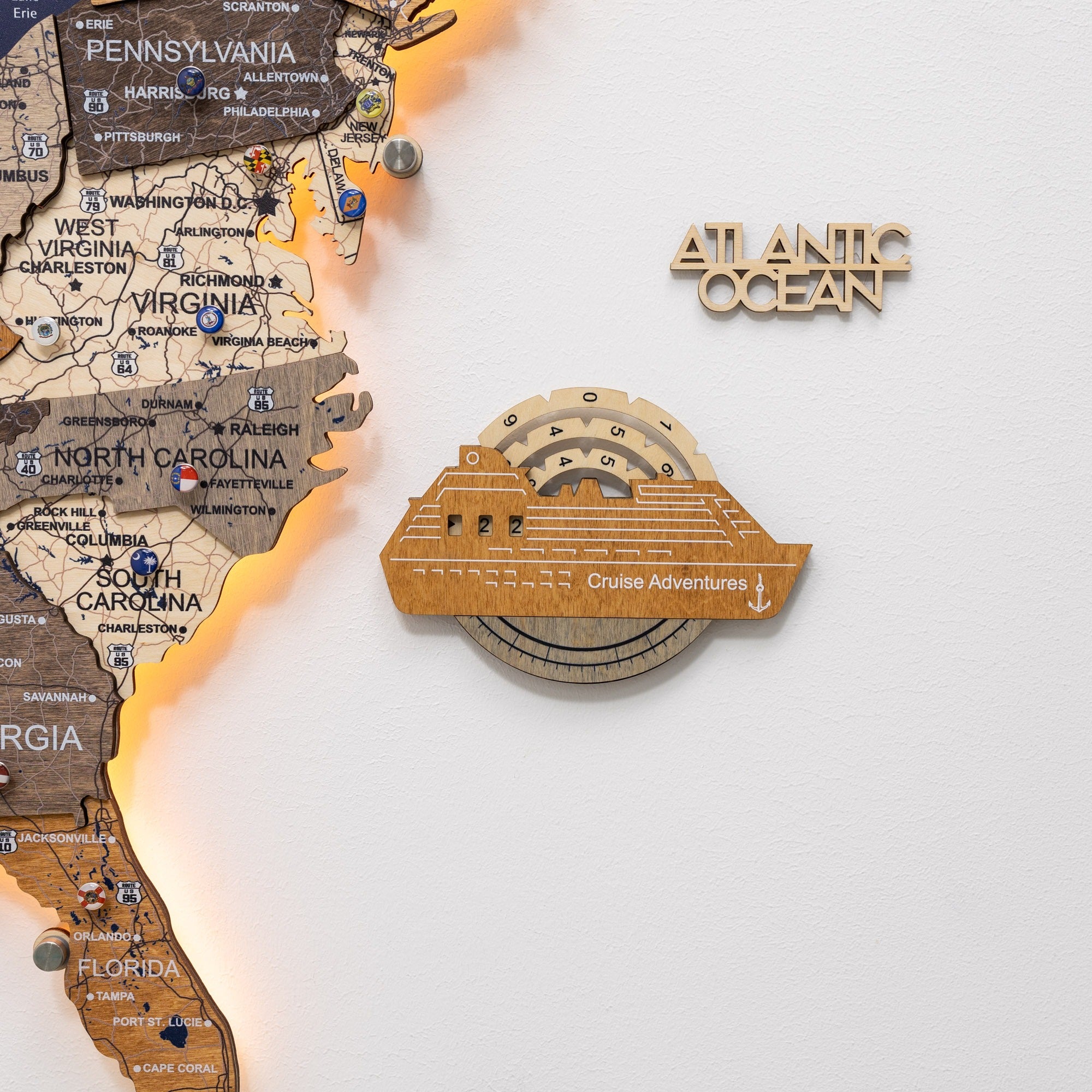 Travel Tracker Cruise Liner 3D Colored Wooden World Map - Multicolor