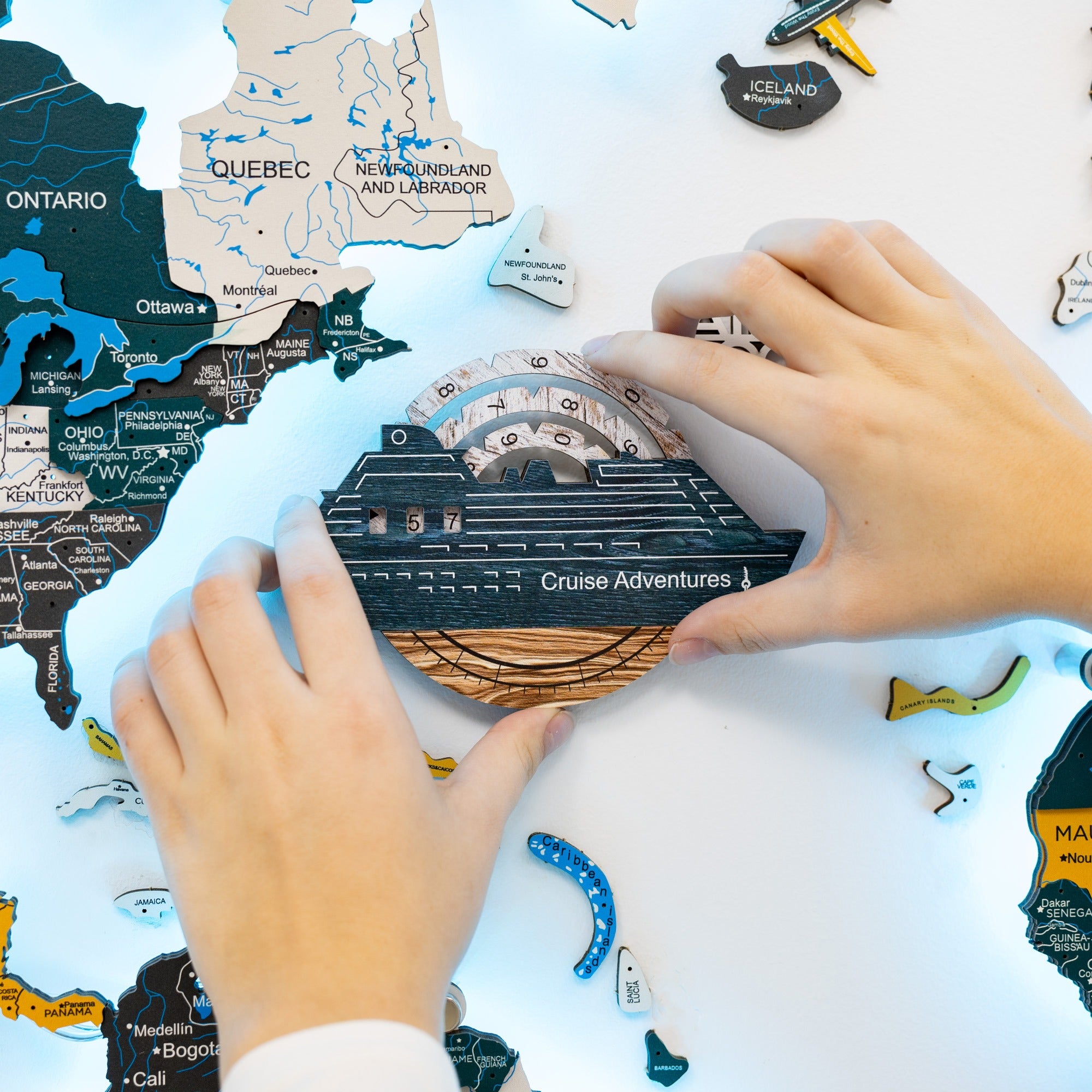 Travel Tracker Cruise Liner 3D Colored Wooden World Map - Mystery