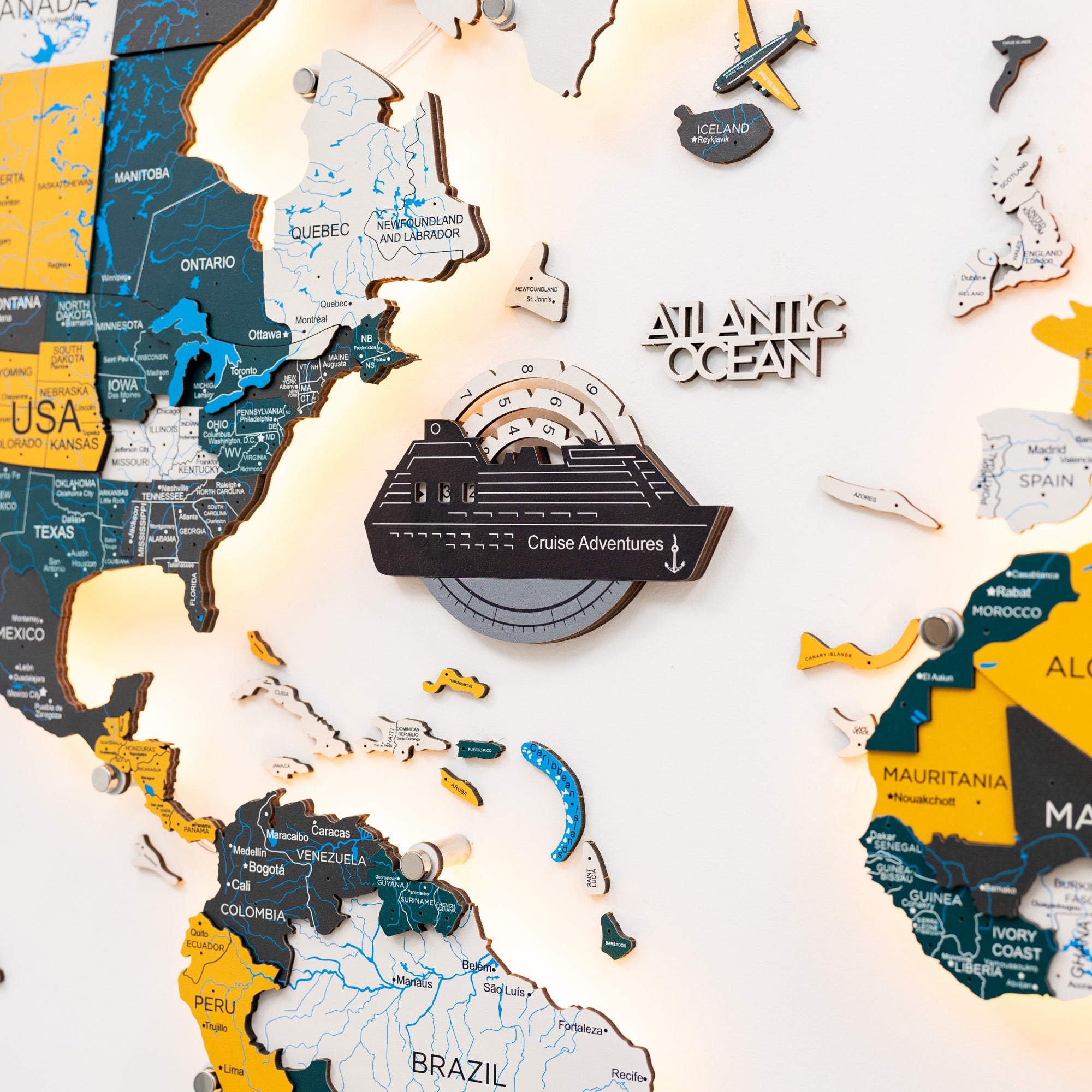 Travel Tracker Cruise Liner 3D Colored Wooden World Map - Nordik