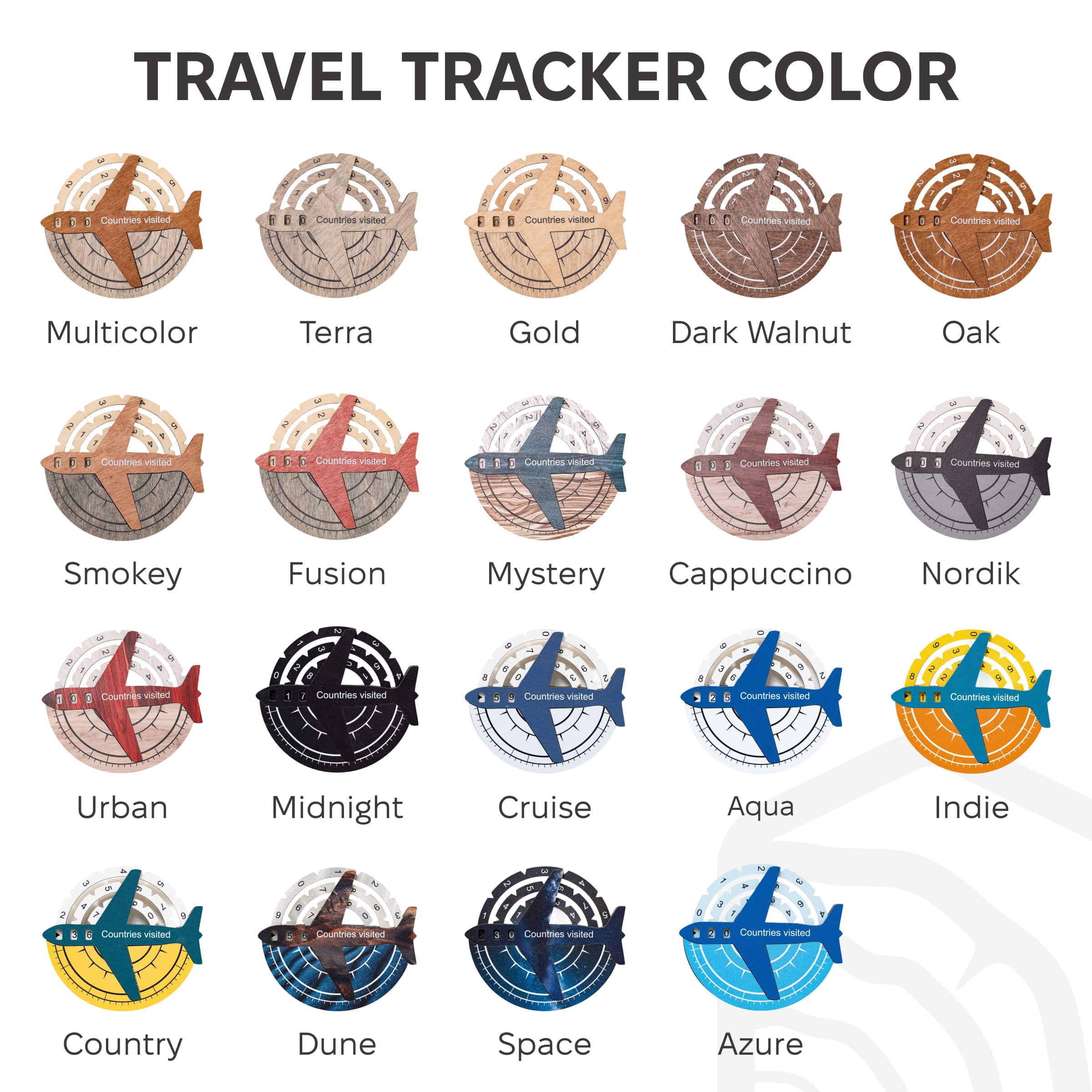 Color swatches for a travel tracker with various names and color schemes.