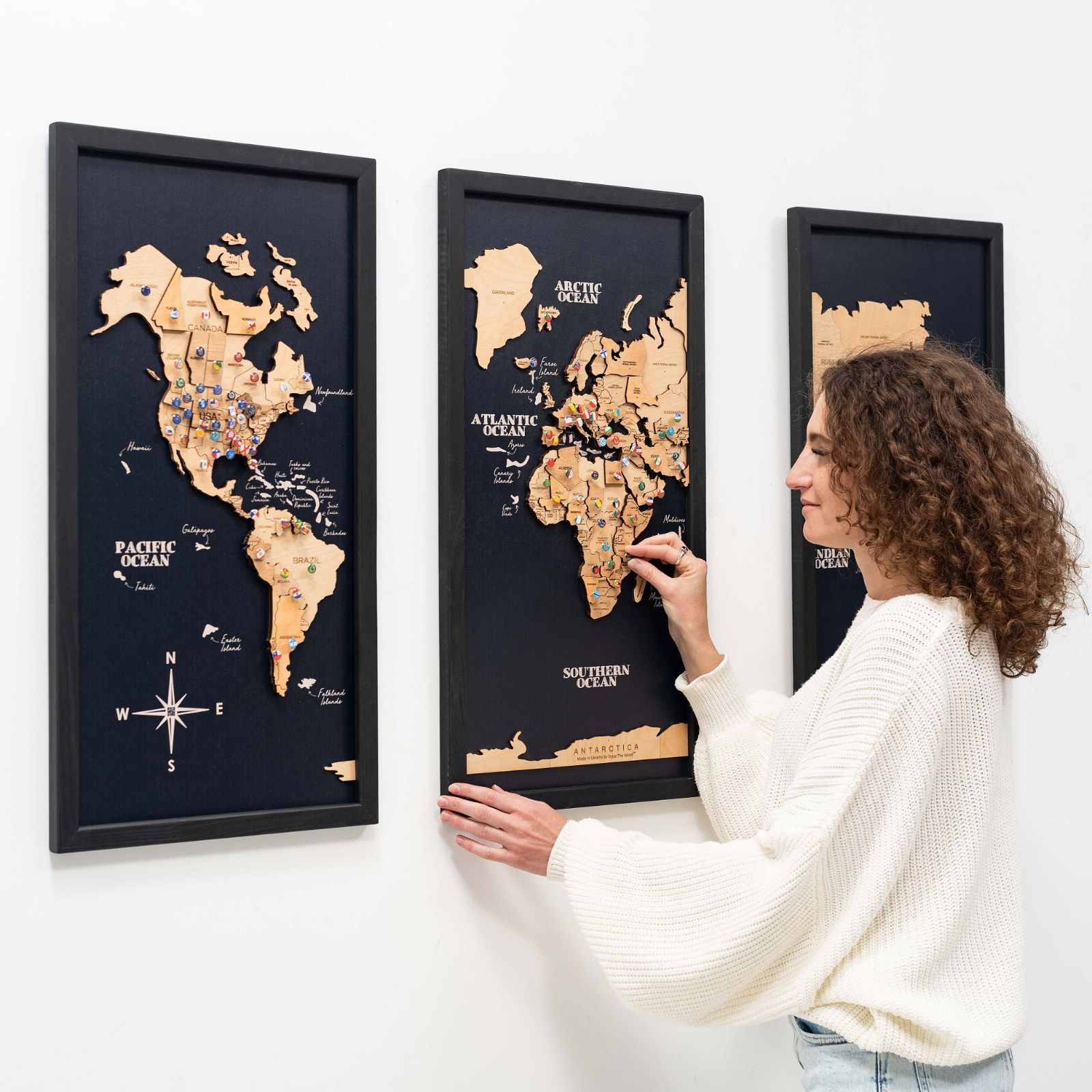 3D Wooden Triptych World Map Gold • Enjoy The Wood