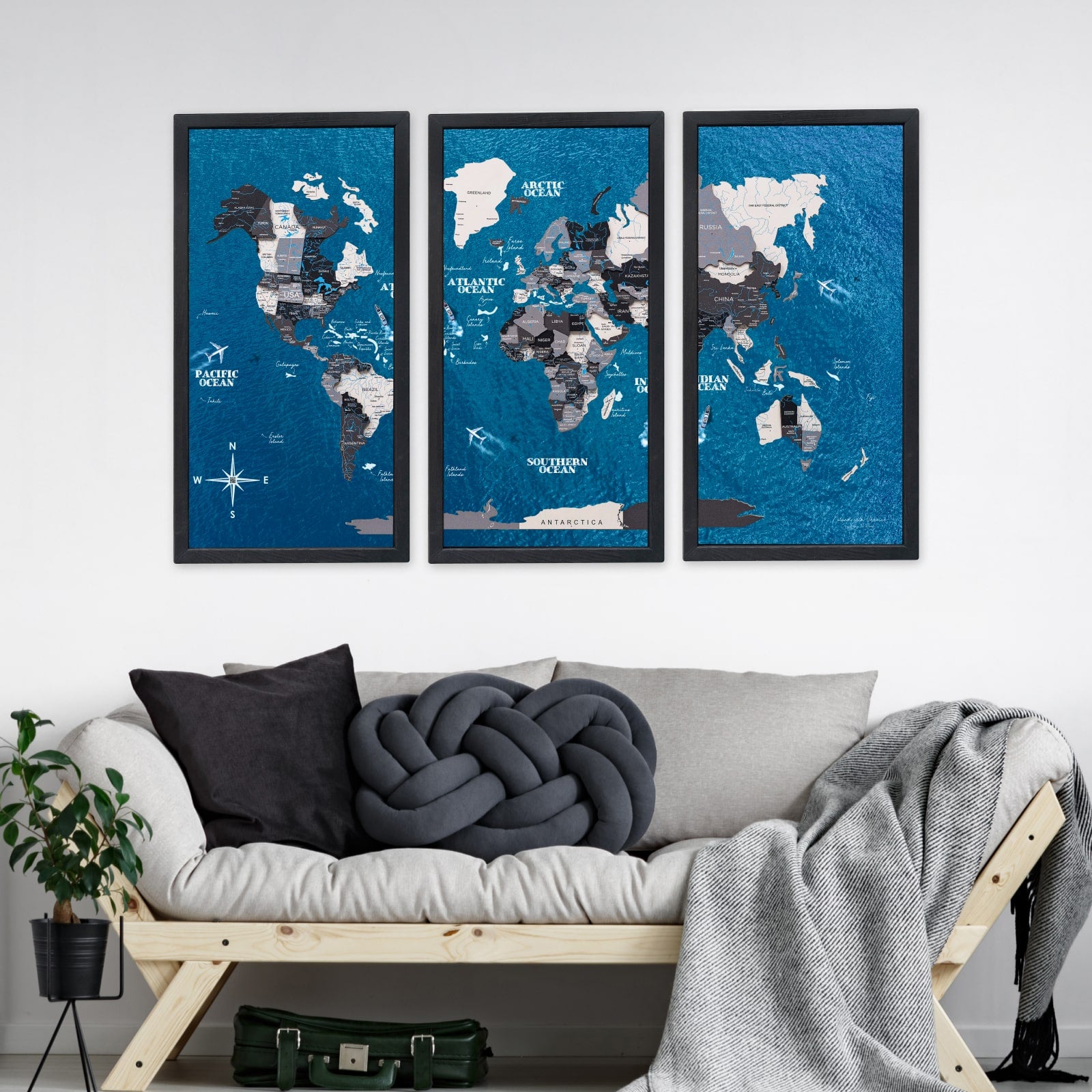Triptych Wall Art - Wooden World Map (Nordik) | Enjoy The Wood